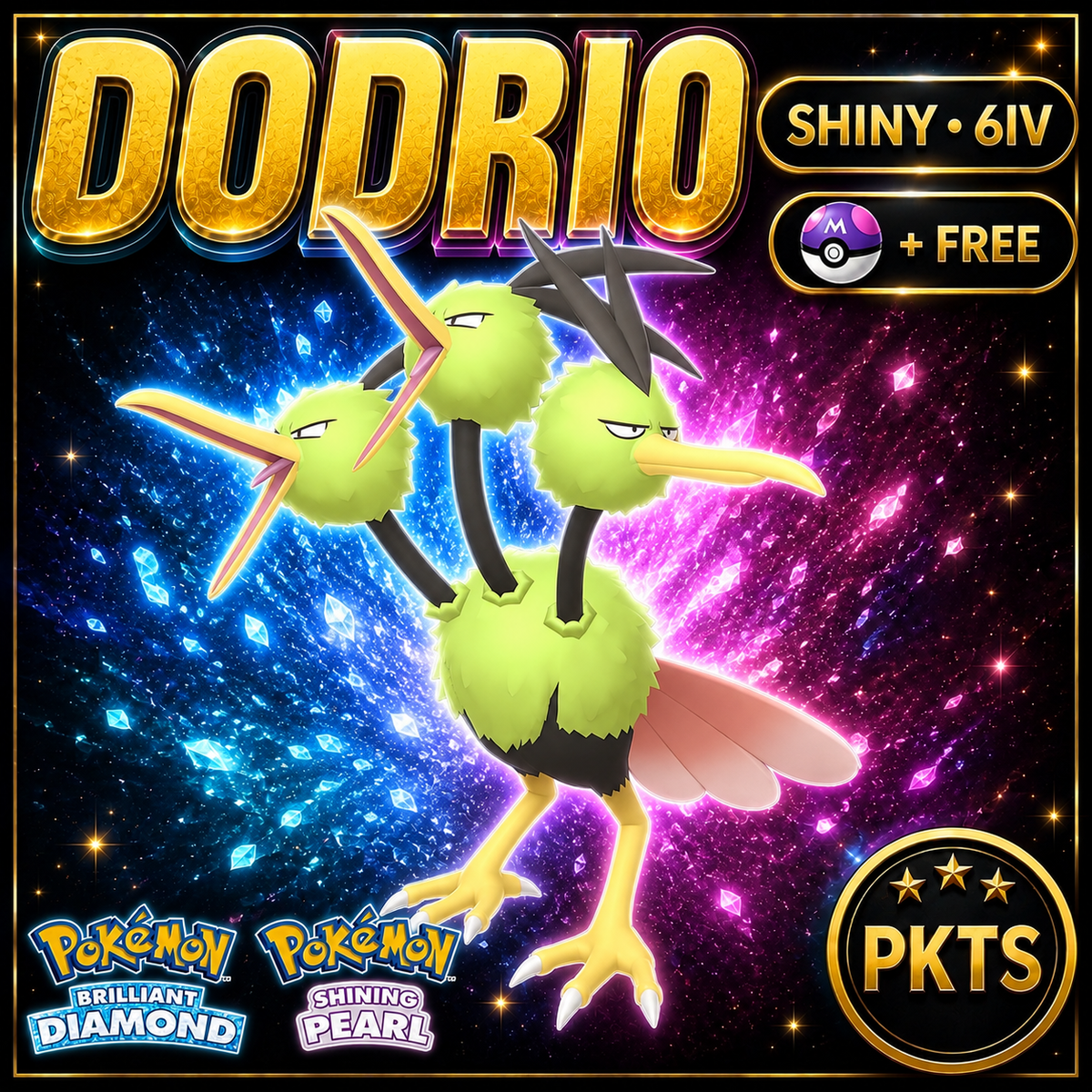 Shiny Dodrio for Pokémon Brilliant Diamond & Shining Pearl (BDSP), 6IV, PKTS.