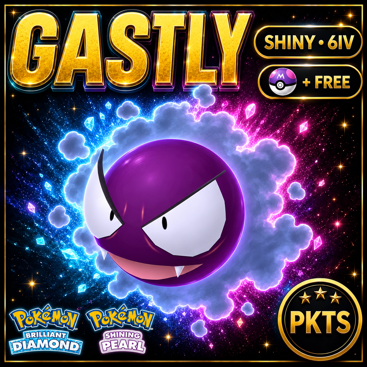 Shiny Gastly for Pokémon Brilliant Diamond & Shining Pearl (BDSP), 6IV, PKTS.