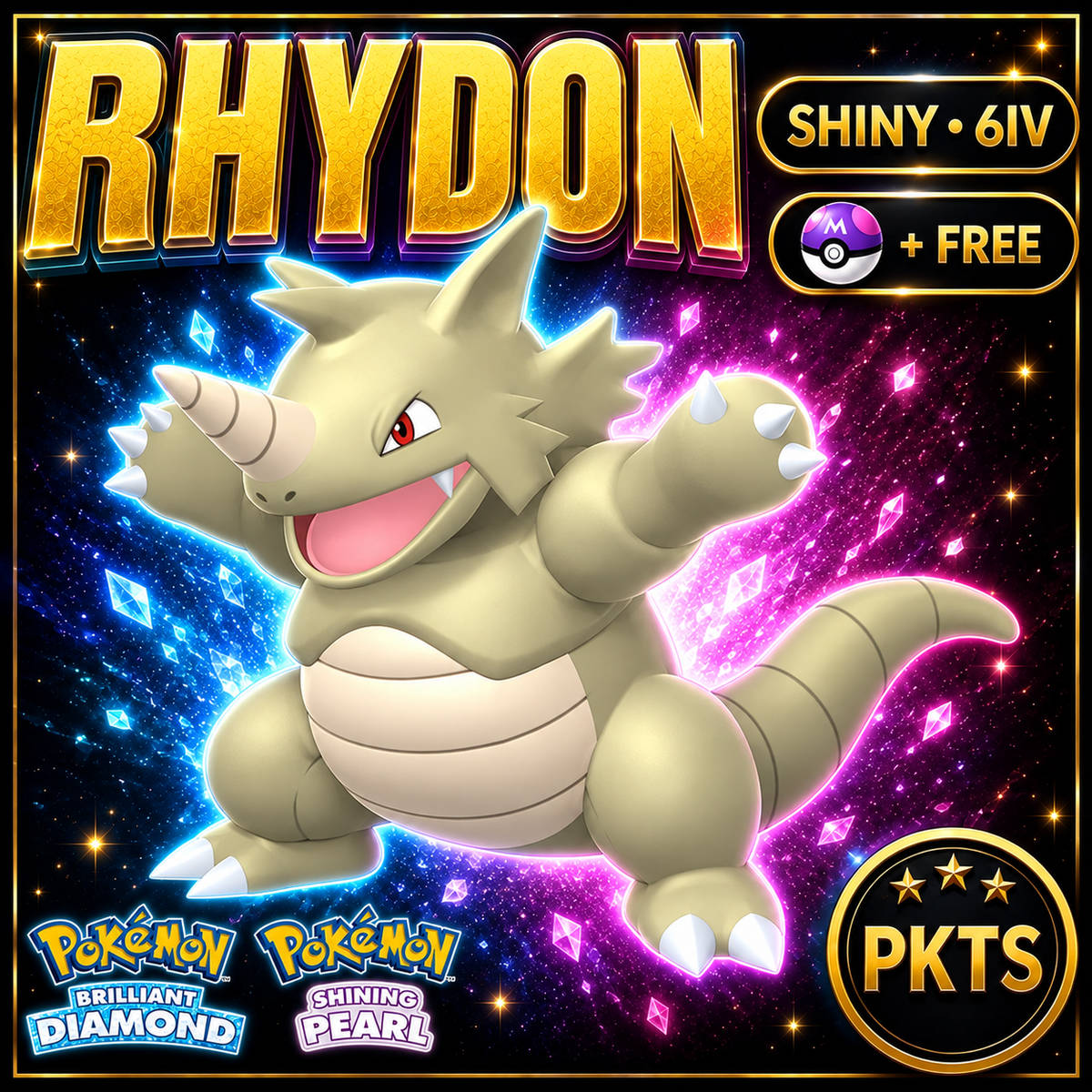 Shiny Rhydon for Pokémon Brilliant Diamond & Shining Pearl (BDSP), 6IV, PKTS.