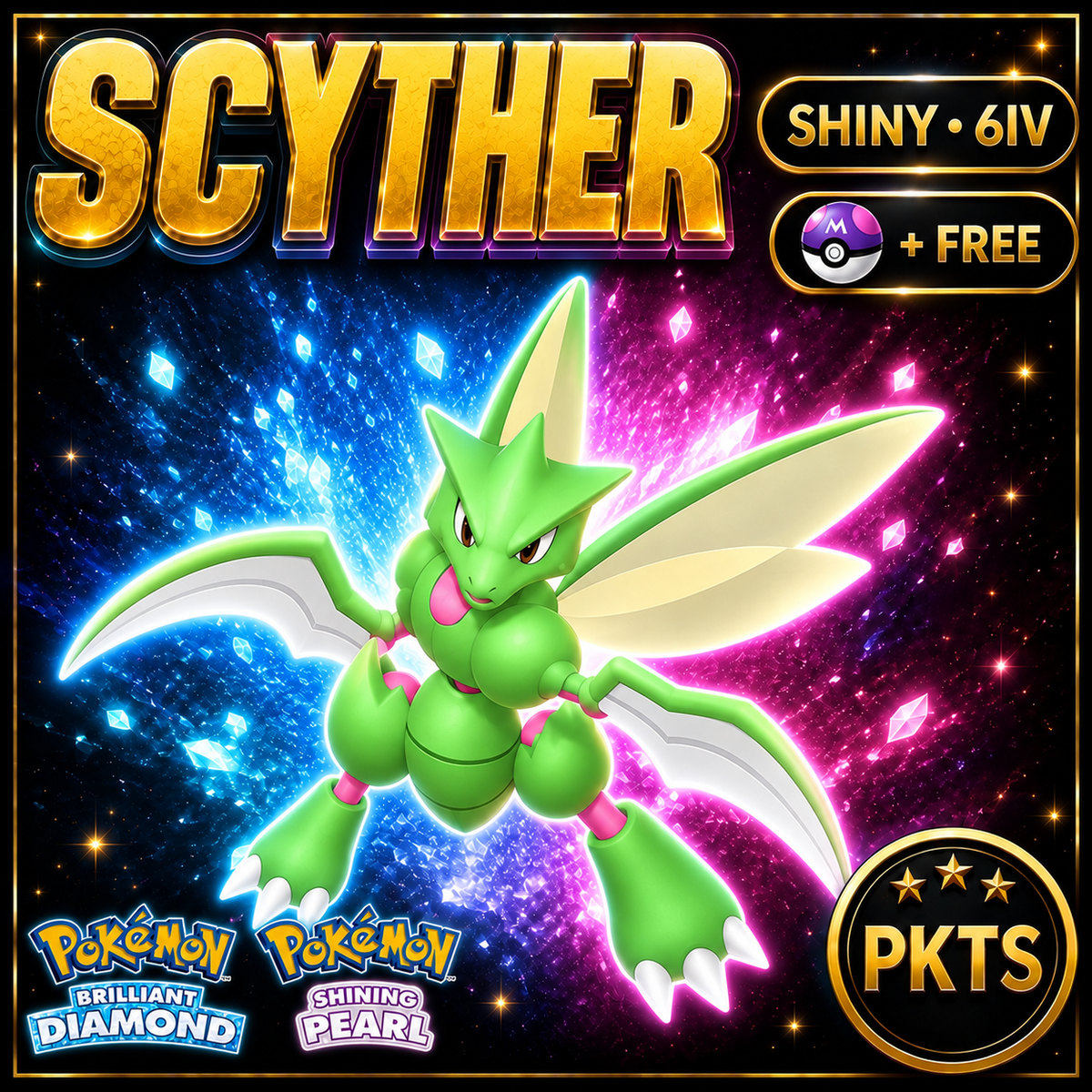 Shiny Scyther for Pokémon Brilliant Diamond & Shining Pearl (BDSP), 6IV, PKTS.