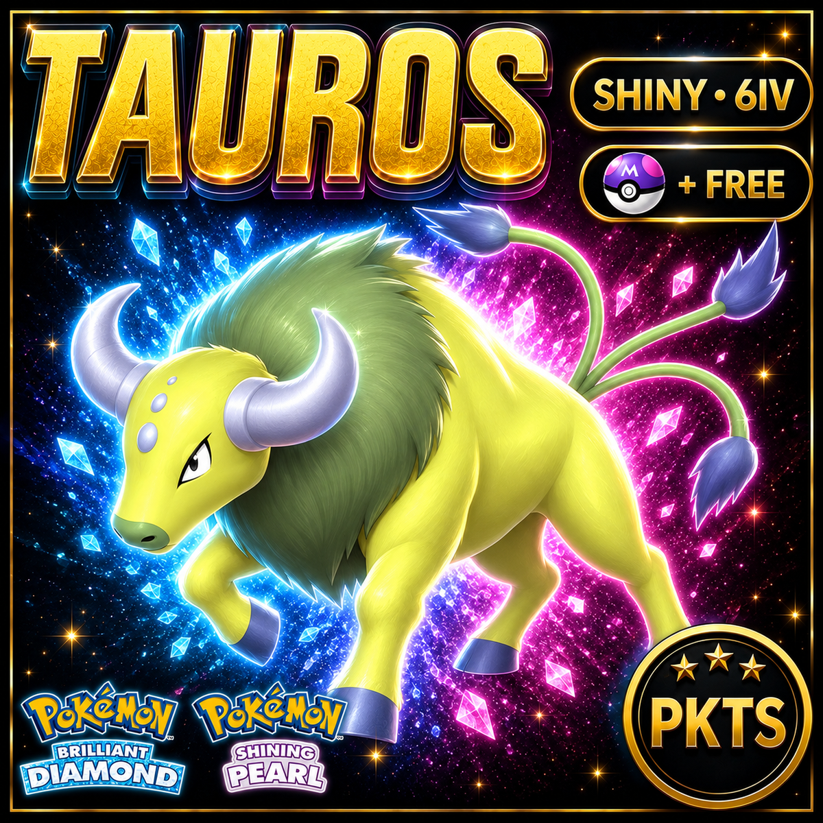 Shiny Tauros for Pokémon Brilliant Diamond & Shining Pearl (BDSP), 6IV, PKTS.
