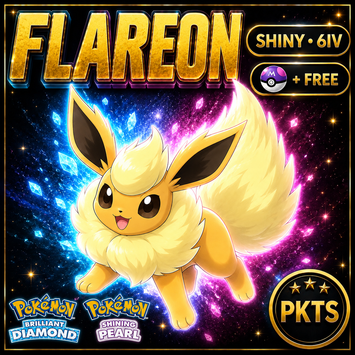 Shiny Flareon for Pokémon Brilliant Diamond & Shining Pearl (BDSP), 6IV, PKTS.