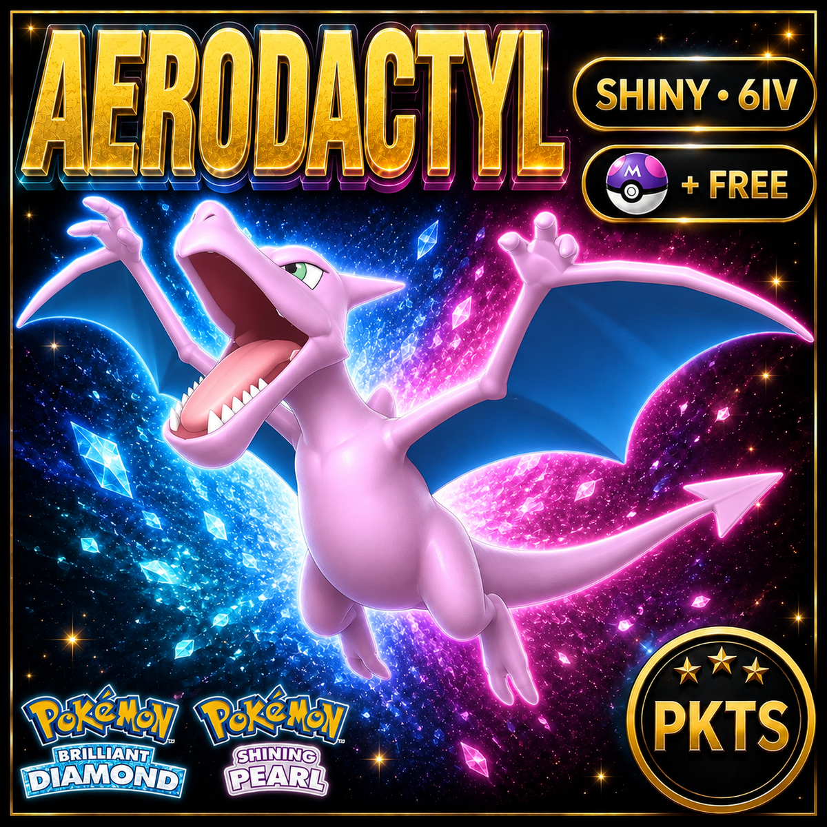 Shiny Aerodactyl for Pokémon Brilliant Diamond & Shining Pearl (BDSP), 6IV, PKTS.