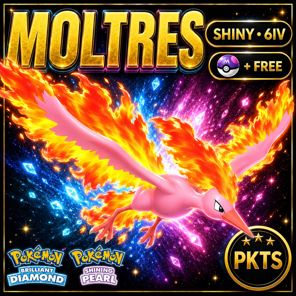 Shiny Moltres for Pokémon Brilliant Diamond & Shining Pearl (BDSP), 6IV, PKTS.