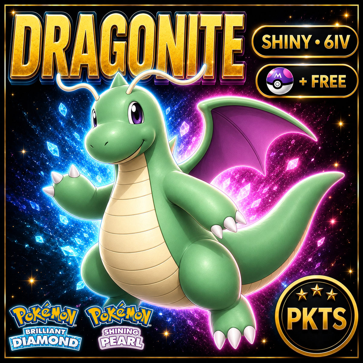 Shiny Dragonite for Pokémon Brilliant Diamond & Shining Pearl (BDSP), 6IV, PKTS.