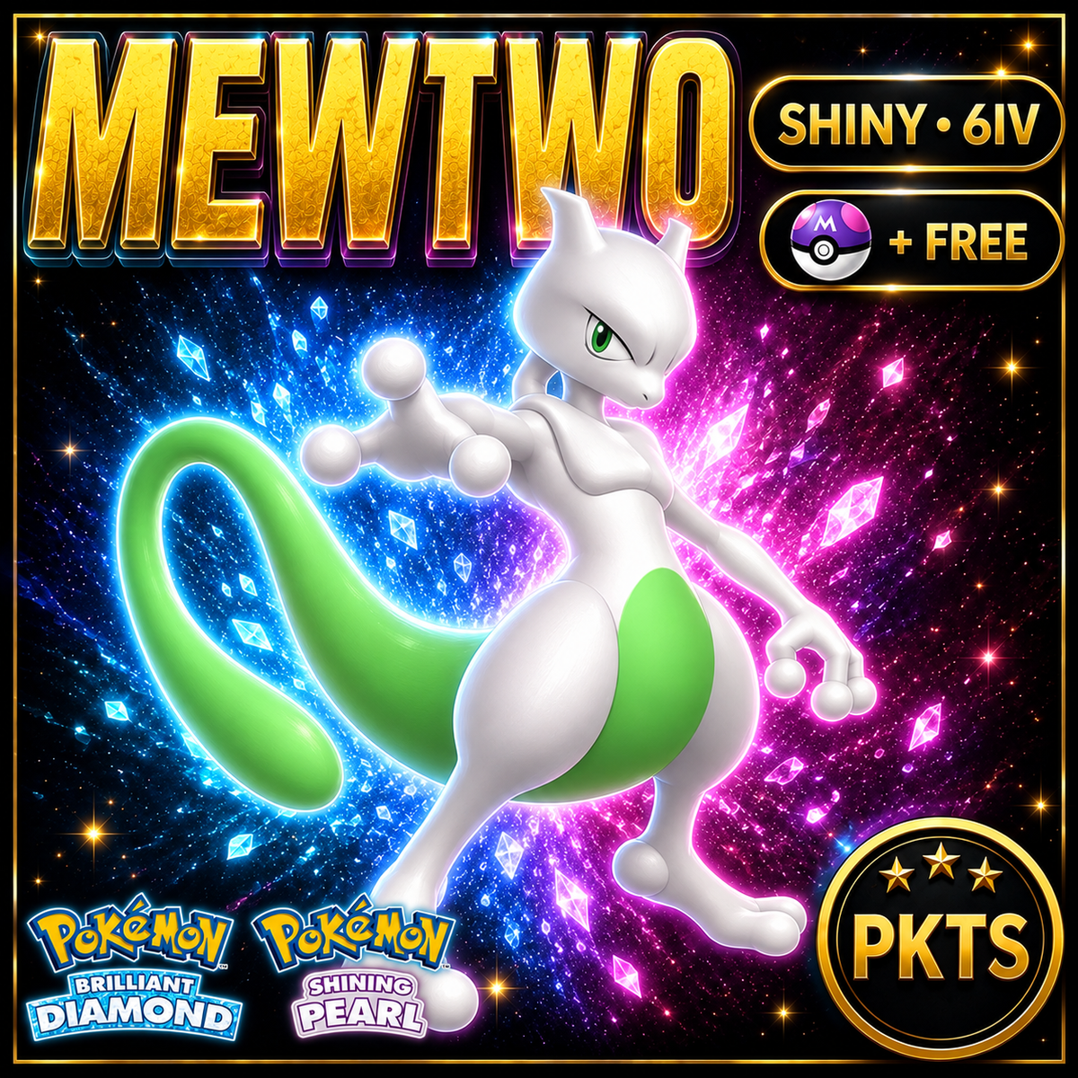 Shiny Mewtwo for Pokémon Brilliant Diamond & Shining Pearl (BDSP), 6IV, PKTS.