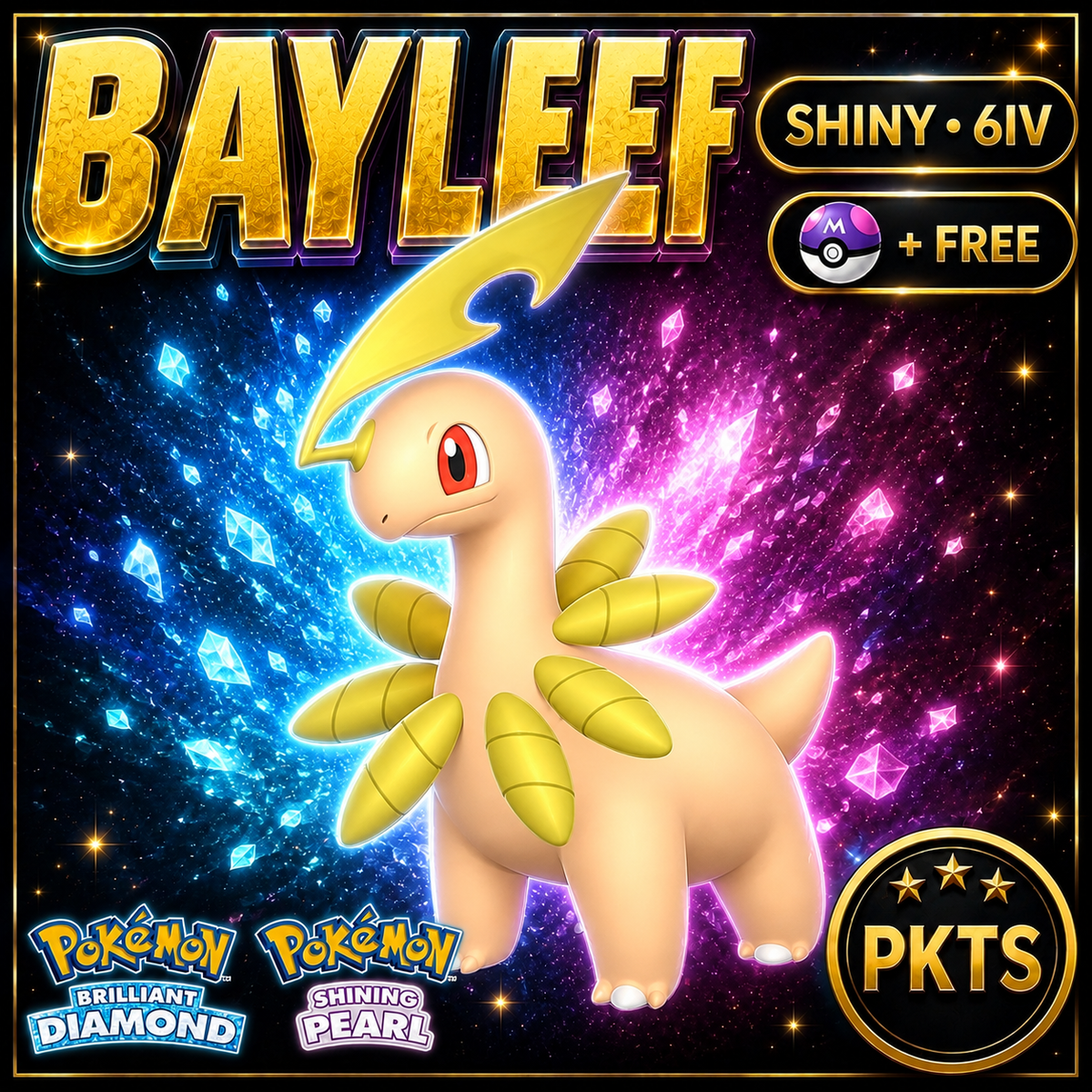 Shiny Bayleef for Pokémon Brilliant Diamond & Shining Pearl (BDSP), 6IV, PKTS.