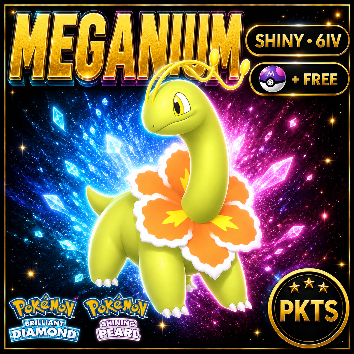 Shiny Meganium for Pokémon Brilliant Diamond & Shining Pearl (BDSP), 6IV, PKTS.