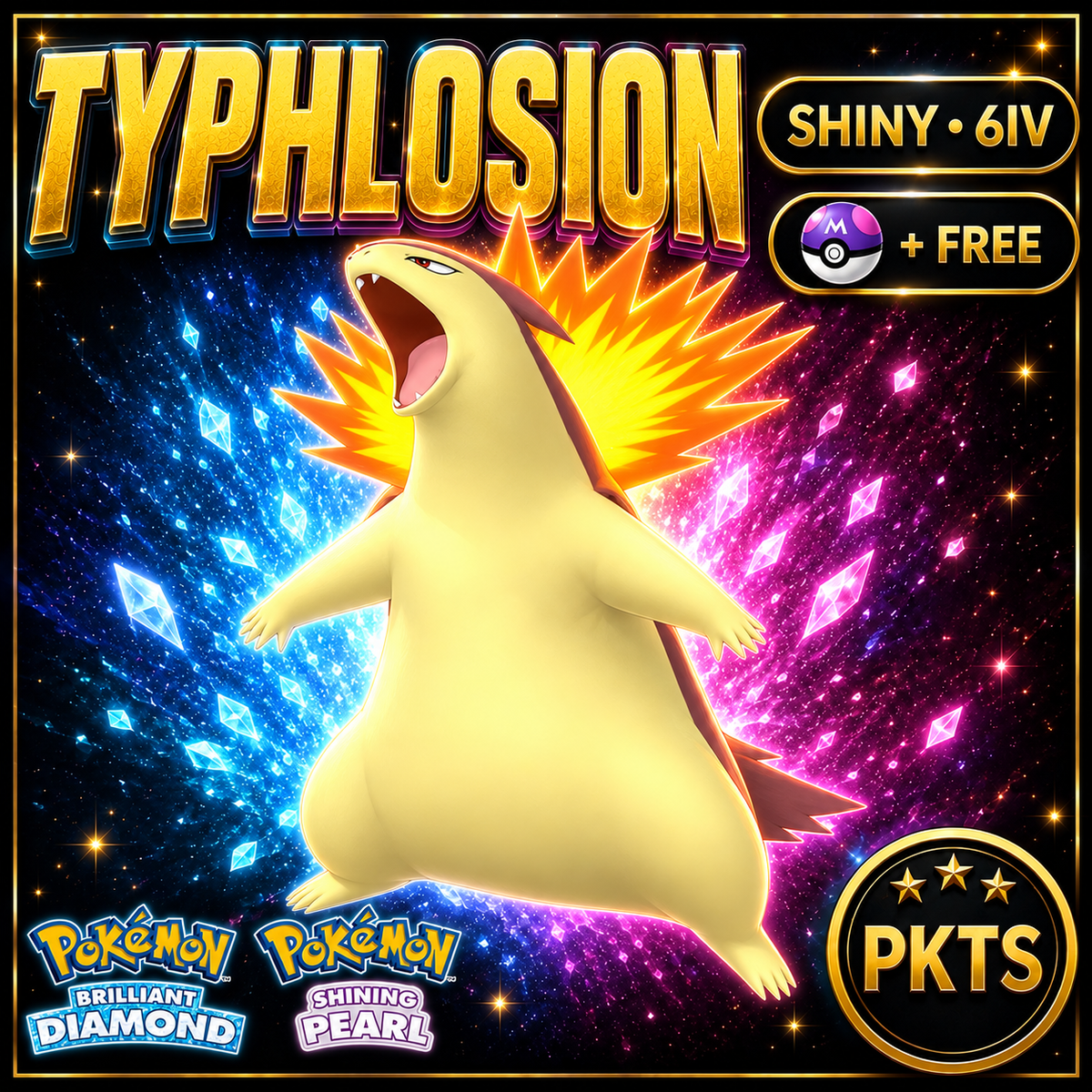 Shiny Typhlosion for Pokémon Brilliant Diamond & Shining Pearl (BDSP), 6IV, PKTS.