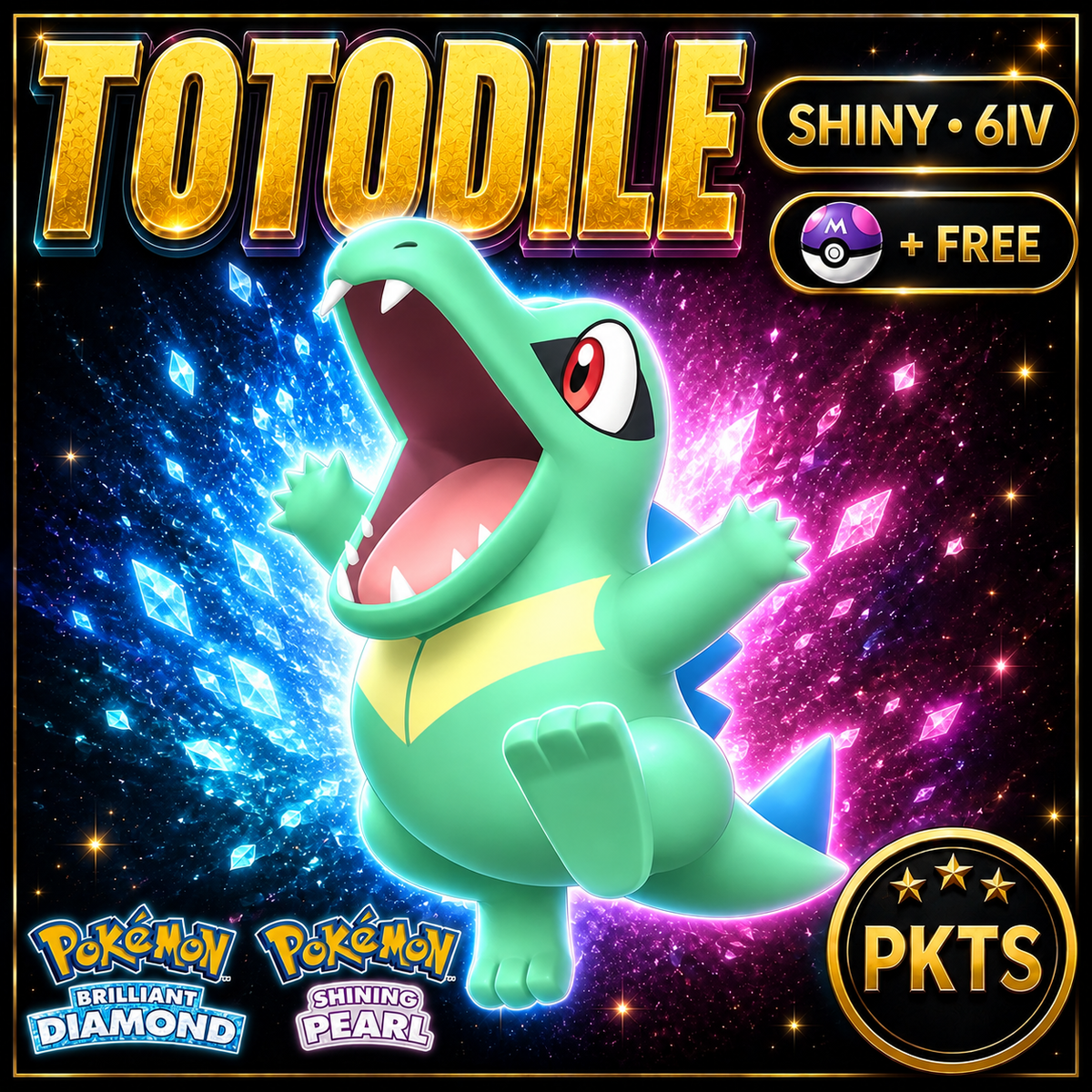 Shiny Totodile for Pokémon Brilliant Diamond & Shining Pearl (BDSP), 6IV, PKTS.