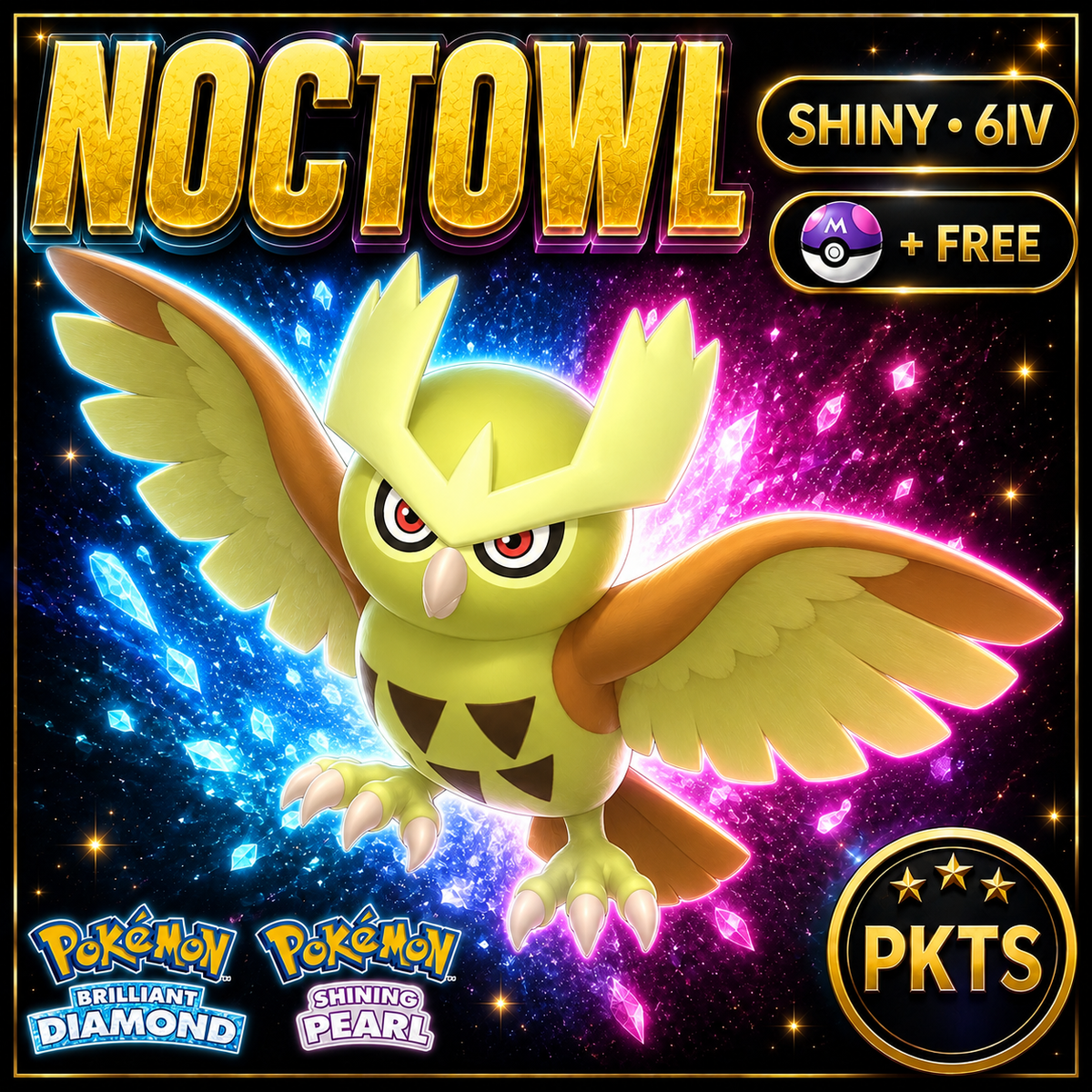 Shiny Noctowl for Pokémon Brilliant Diamond & Shining Pearl (BDSP), 6IV, PKTS.