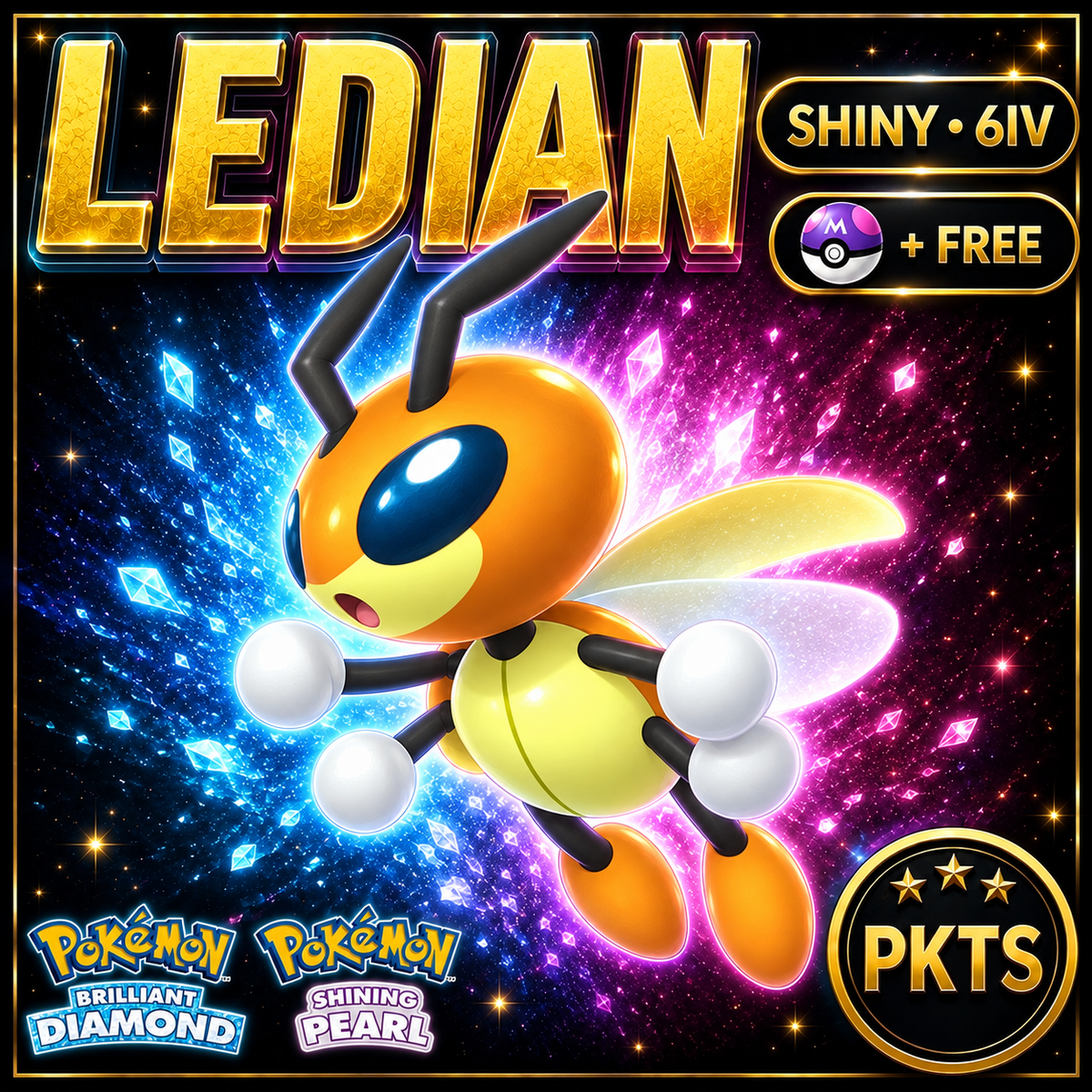 Shiny Ledian for Pokémon Brilliant Diamond & Shining Pearl (BDSP), 6IV, PKTS.