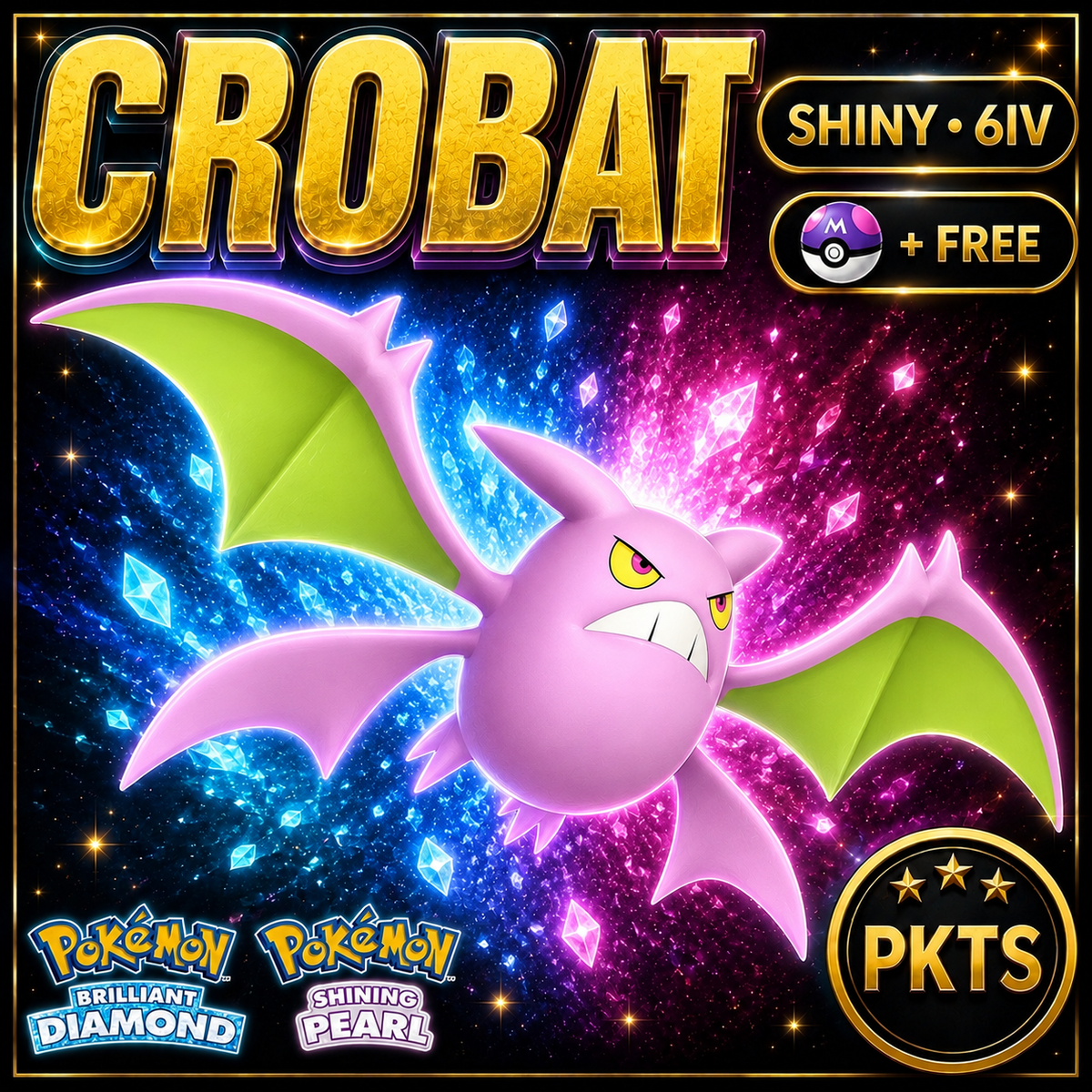 Shiny Crobat for Pokémon Brilliant Diamond & Shining Pearl (BDSP), 6IV, PKTS.