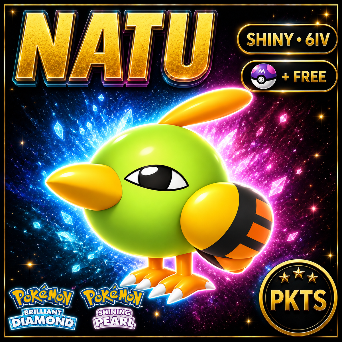 Shiny Natu for Pokémon Brilliant Diamond & Shining Pearl (BDSP), 6IV, PKTS.
