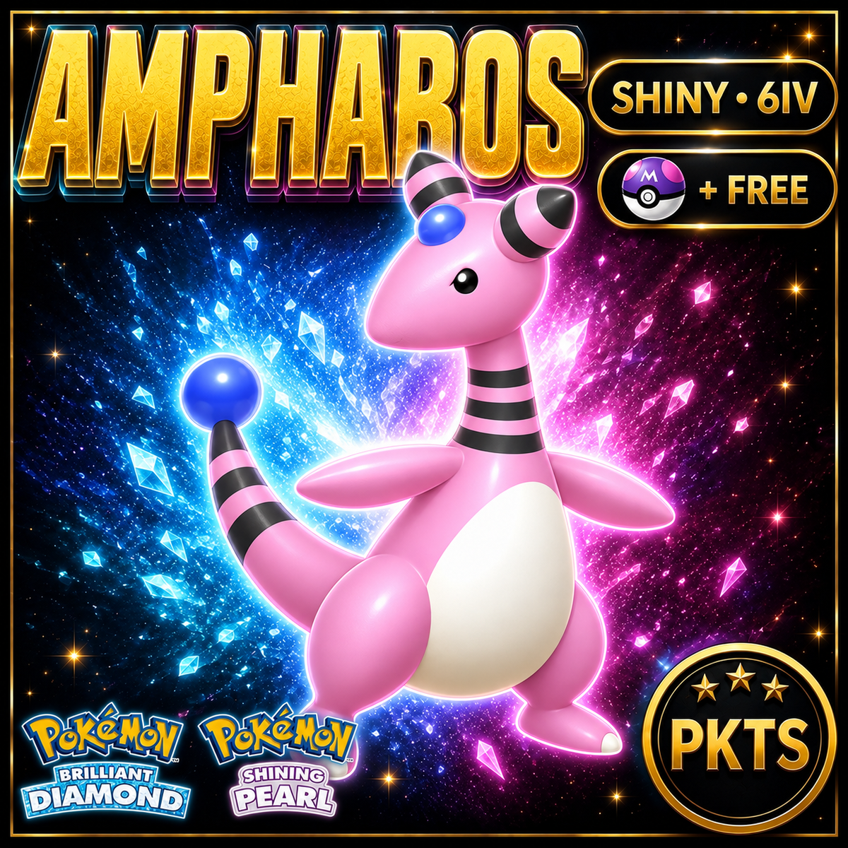 Shiny Ampharos for Pokémon Brilliant Diamond & Shining Pearl (BDSP), 6IV, PKTS.