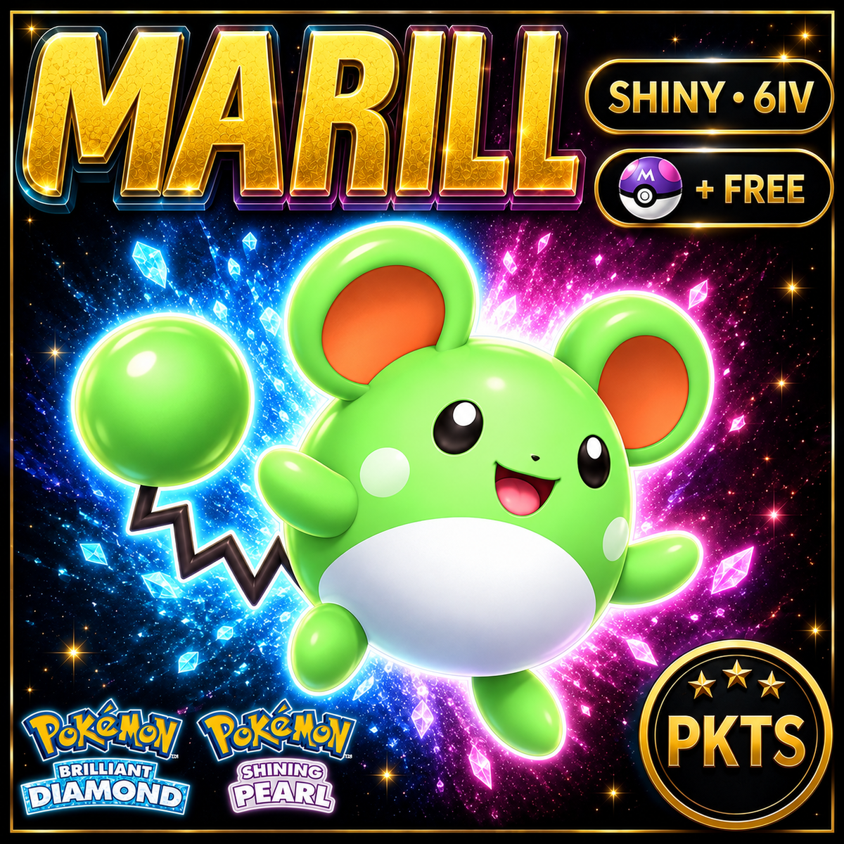 Shiny Marill for Pokémon Brilliant Diamond & Shining Pearl (BDSP), 6IV, PKTS.