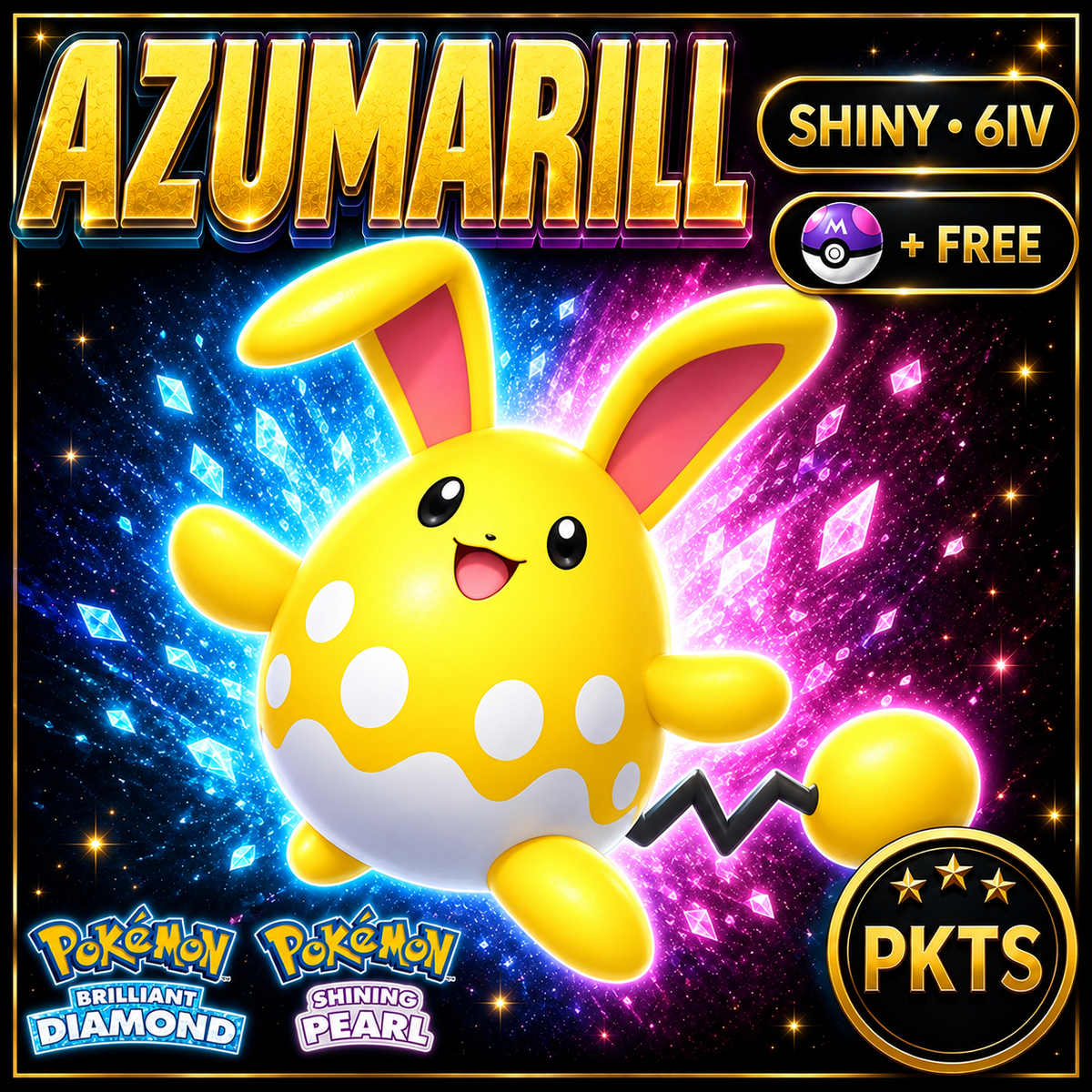 Shiny Azumarill for Pokémon Brilliant Diamond & Shining Pearl (BDSP), 6IV, PKTS.