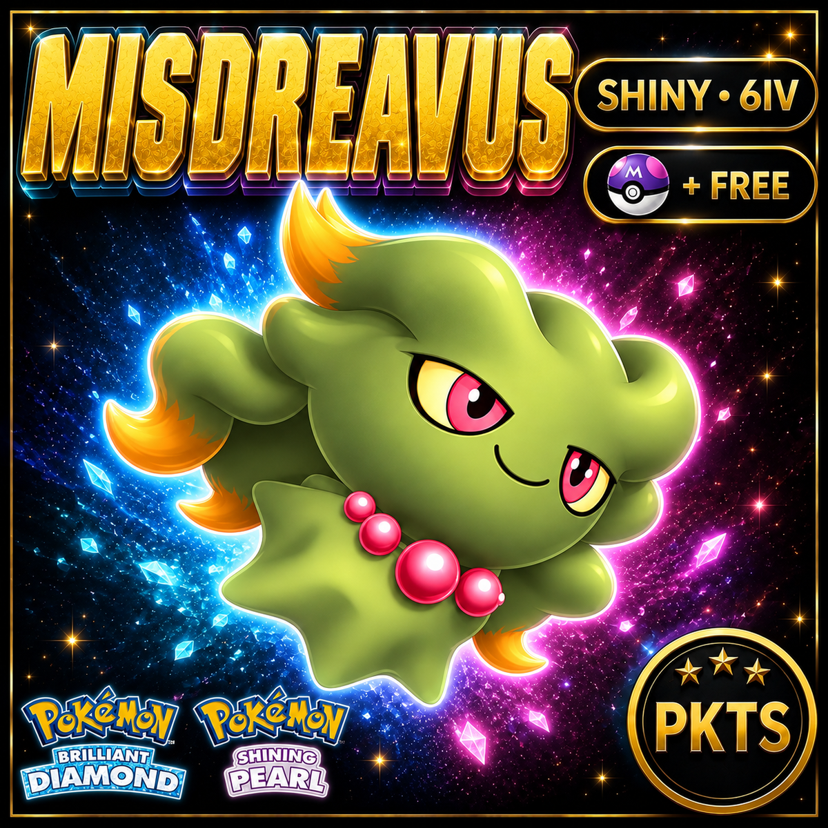 Shiny Misdreavus for Pokémon Brilliant Diamond & Shining Pearl (BDSP), 6IV, PKTS.