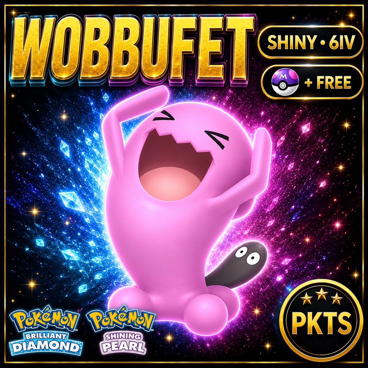 Shiny Wobbuffet for Pokémon Brilliant Diamond & Shining Pearl (BDSP), 6IV, PKTS.