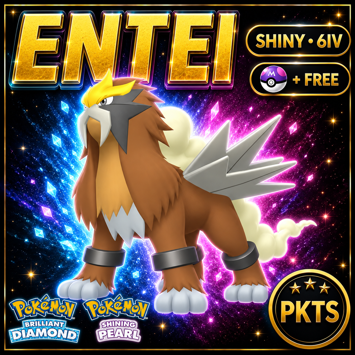 Shiny Entei for Pokémon Brilliant Diamond & Shining Pearl (BDSP), 6IV, PKTS.