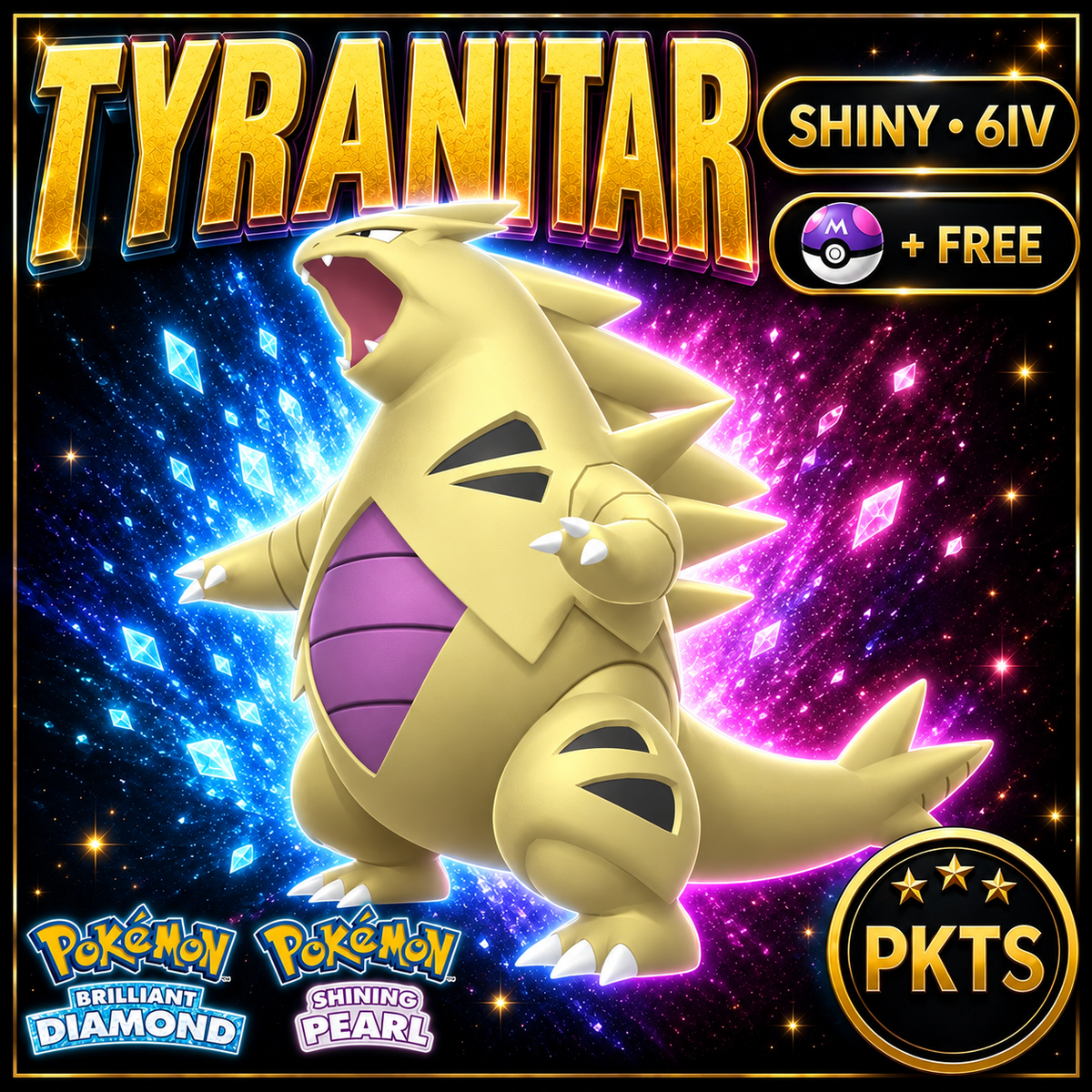 Shiny Tyranitar for Pokémon Brilliant Diamond & Shining Pearl (BDSP), 6IV, PKTS.