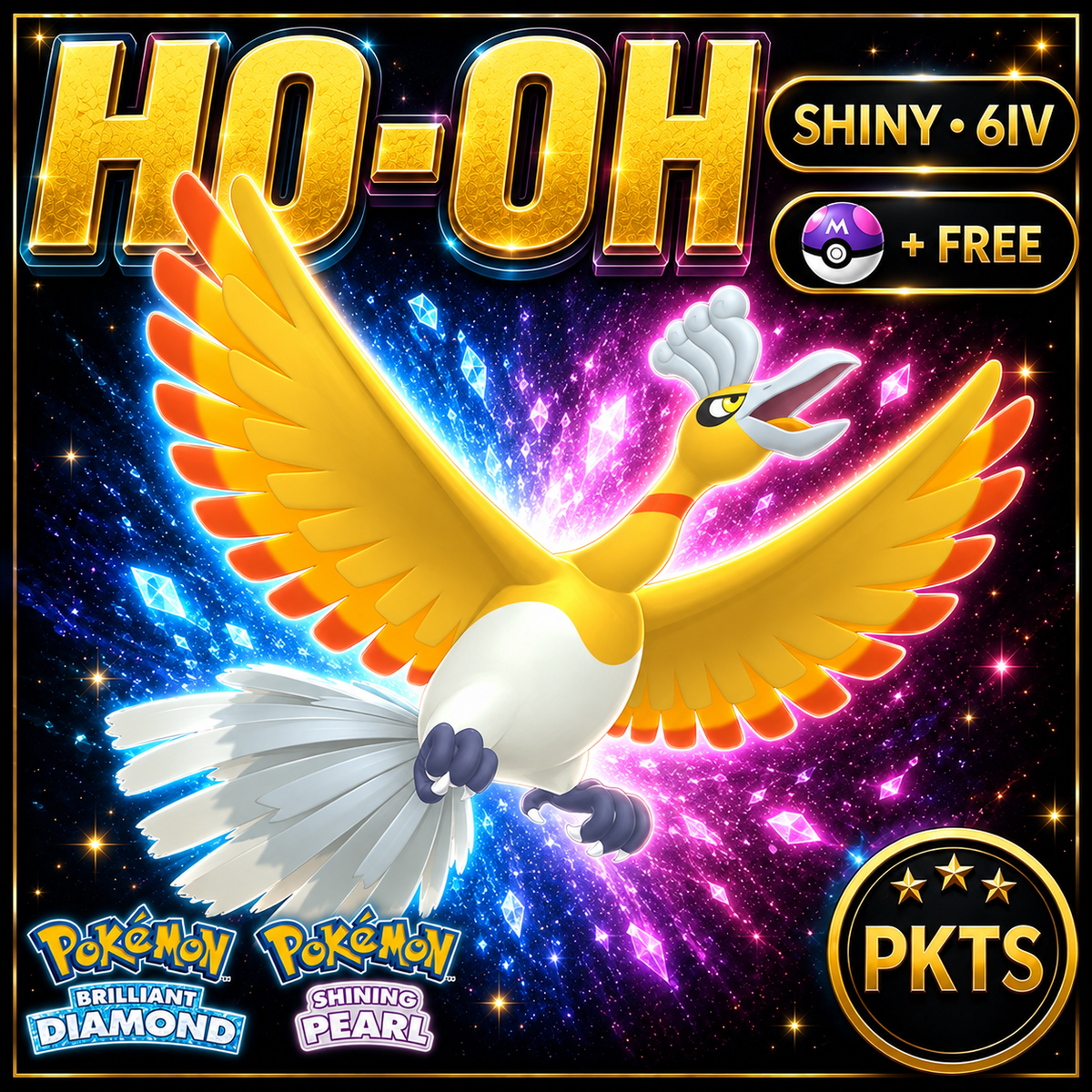 Shiny Ho-Oh for Pokémon Brilliant Diamond & Shining Pearl (BDSP), 6IV, PKTS.