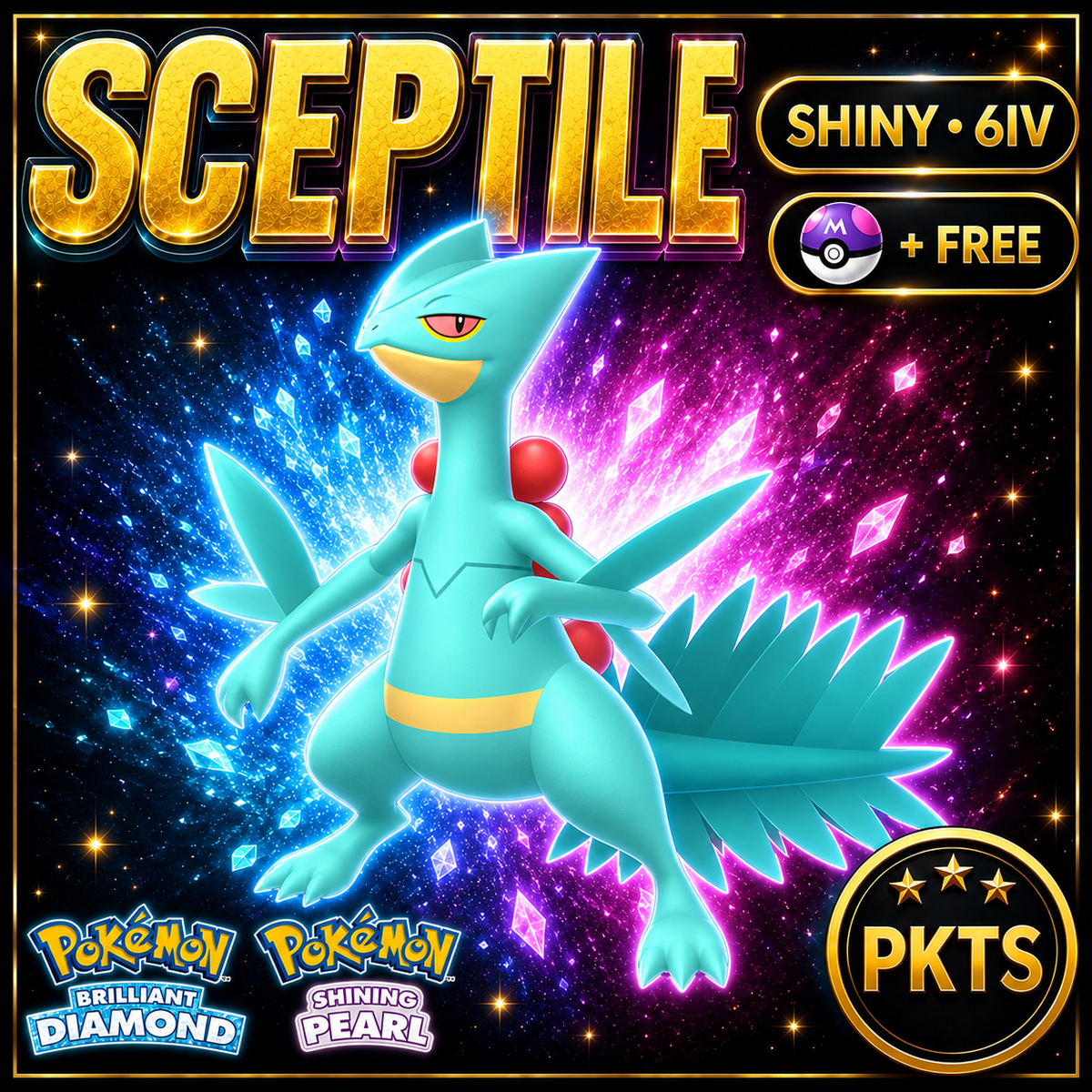 Shiny Sceptile for Pokémon Brilliant Diamond & Shining Pearl (BDSP), 6IV, PKTS.