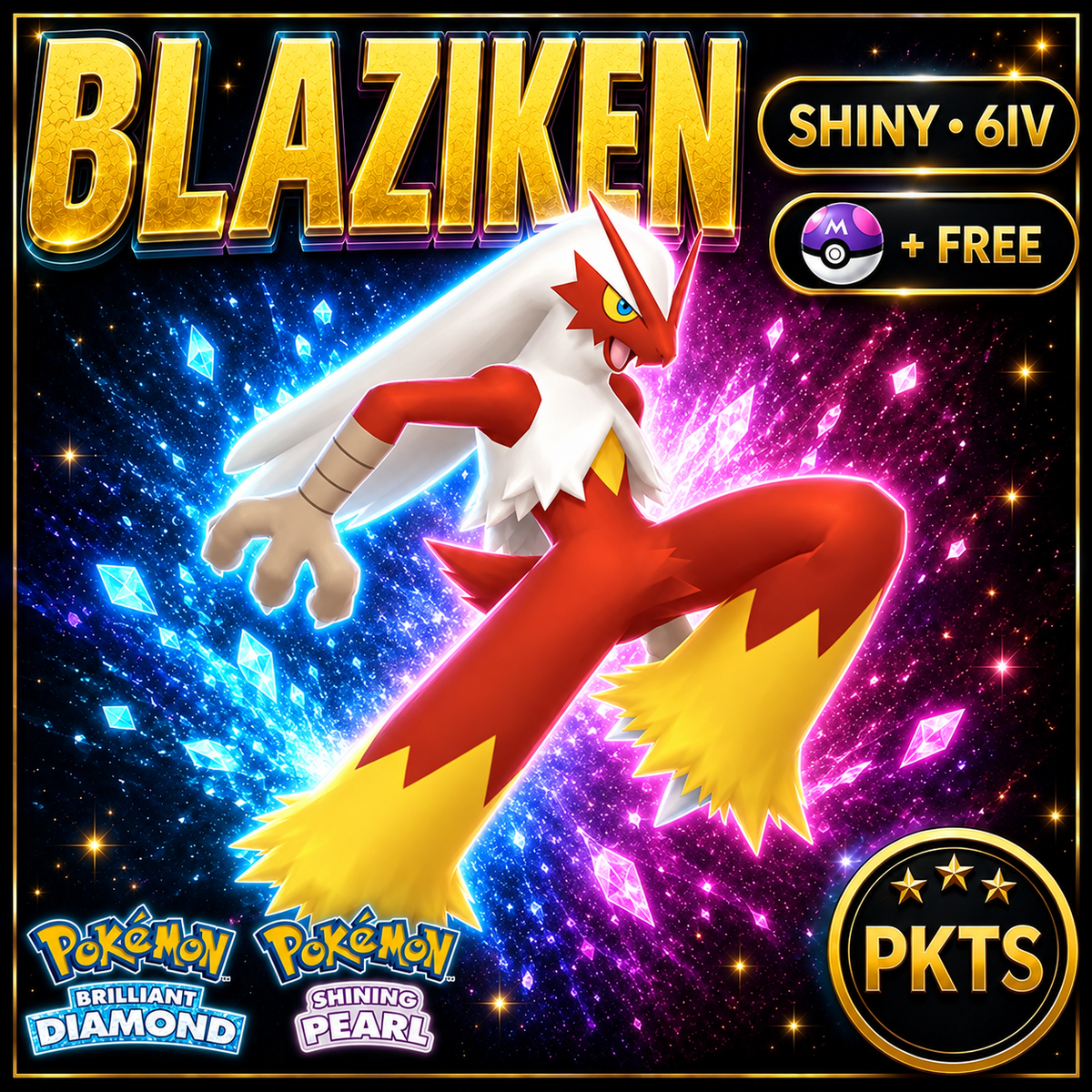 Shiny Blaziken for Pokémon Brilliant Diamond & Shining Pearl (BDSP), 6IV, PKTS.