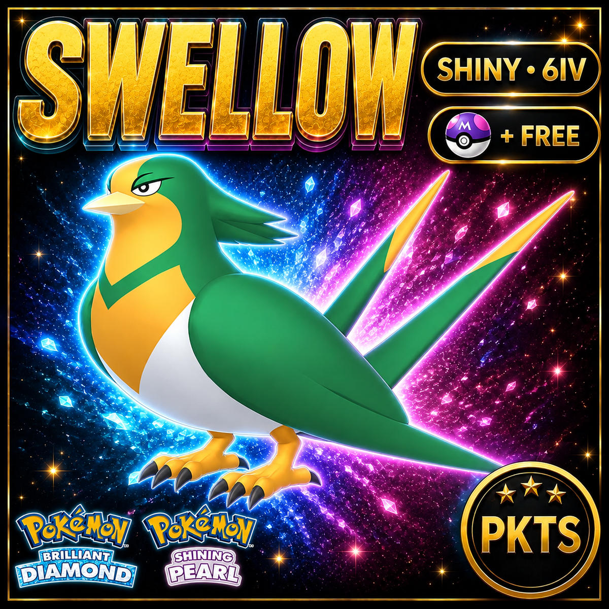 Shiny Swellow for Pokémon Brilliant Diamond & Shining Pearl (BDSP), 6IV, PKTS.