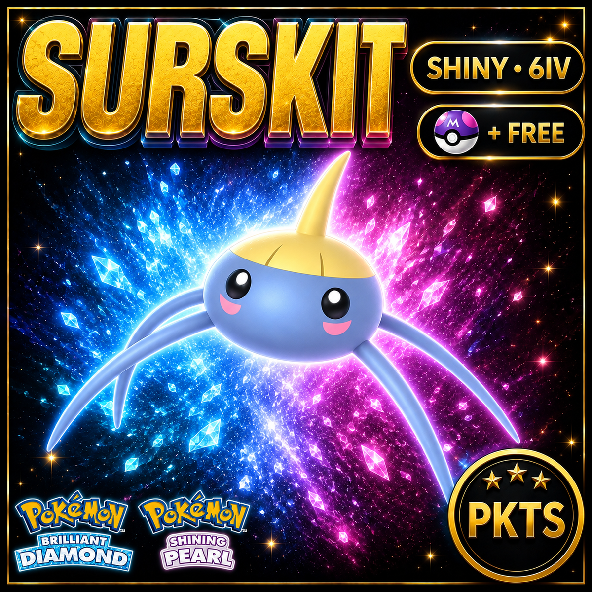 Shiny Surskit for Pokémon Brilliant Diamond & Shining Pearl (BDSP), 6IV, PKTS.