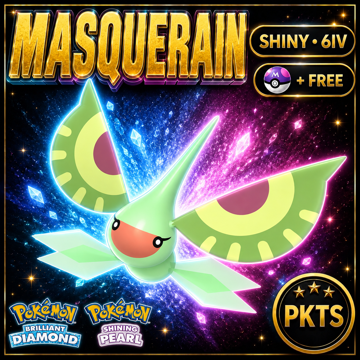 Shiny Masquerain for Pokémon Brilliant Diamond & Shining Pearl (BDSP), 6IV, PKTS.