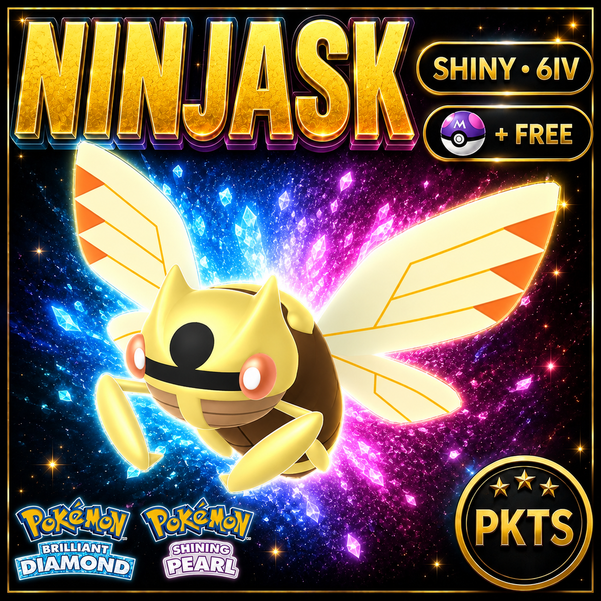 Shiny Ninjask for Pokémon Brilliant Diamond & Shining Pearl (BDSP), 6IV, PKTS.