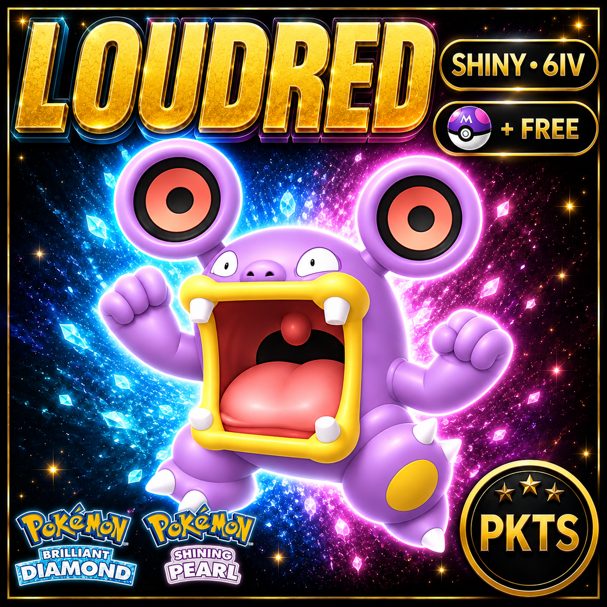 Shiny Loudred for Pokémon Brilliant Diamond & Shining Pearl (BDSP), 6IV, PKTS.