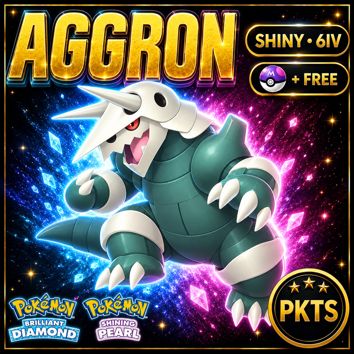 Shiny Aggron for Pokémon Brilliant Diamond & Shining Pearl (BDSP), 6IV, PKTS.
