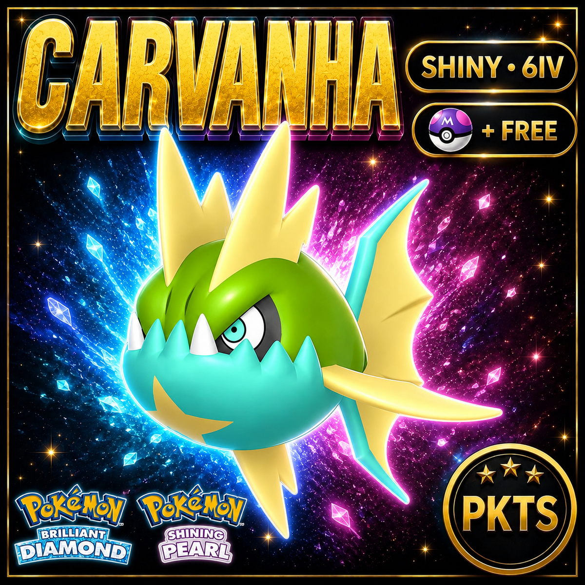 Shiny Carvanha for Pokémon Brilliant Diamond & Shining Pearl (BDSP), 6IV, PKTS.