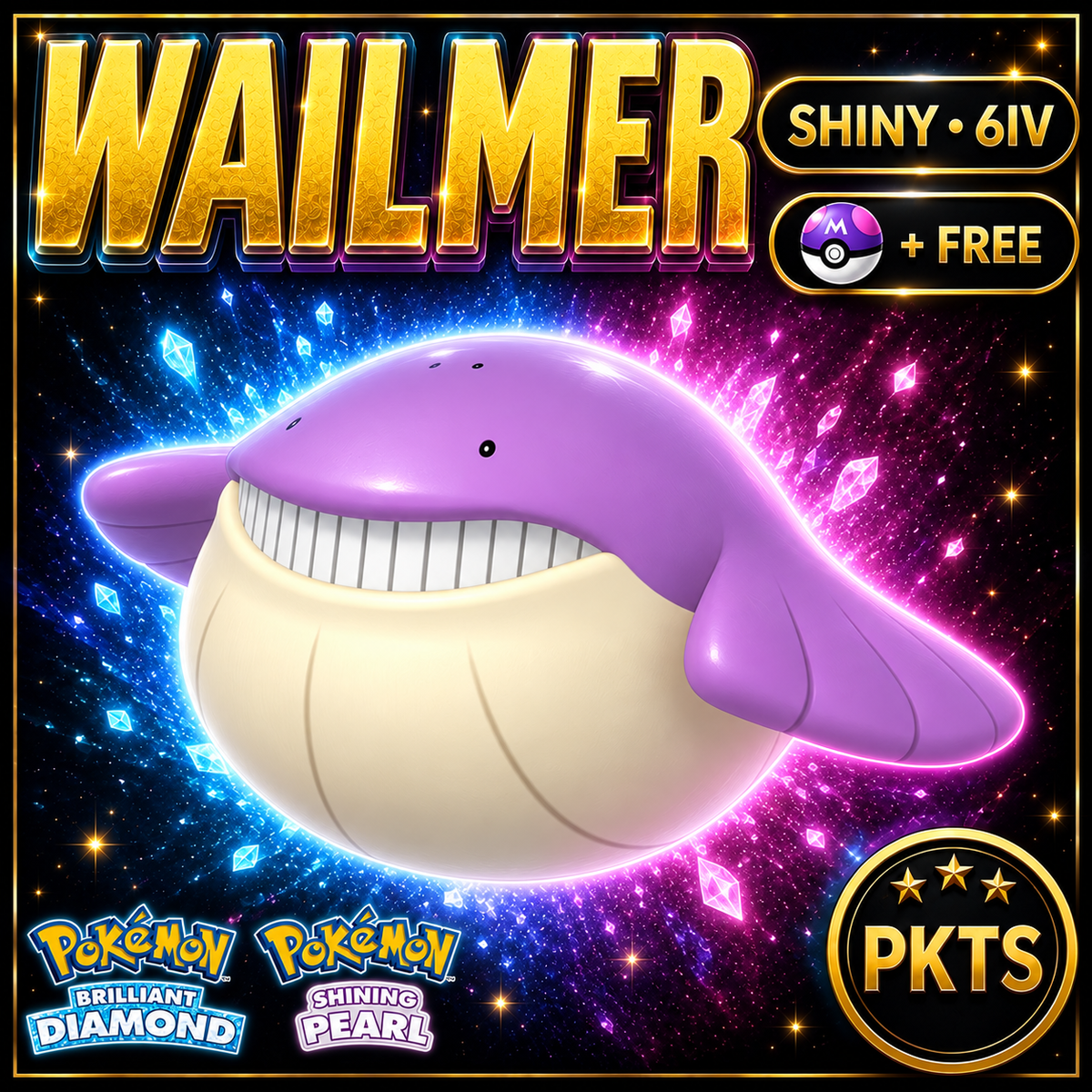 Shiny Wailmer for Pokémon Brilliant Diamond & Shining Pearl (BDSP), 6IV, PKTS.