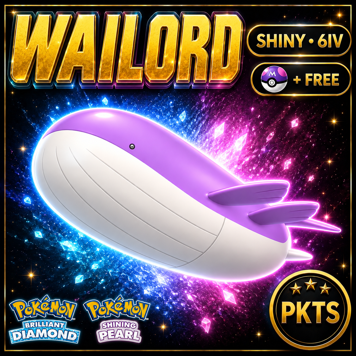 Shiny Wailord for Pokémon Brilliant Diamond & Shining Pearl (BDSP), 6IV, PKTS.