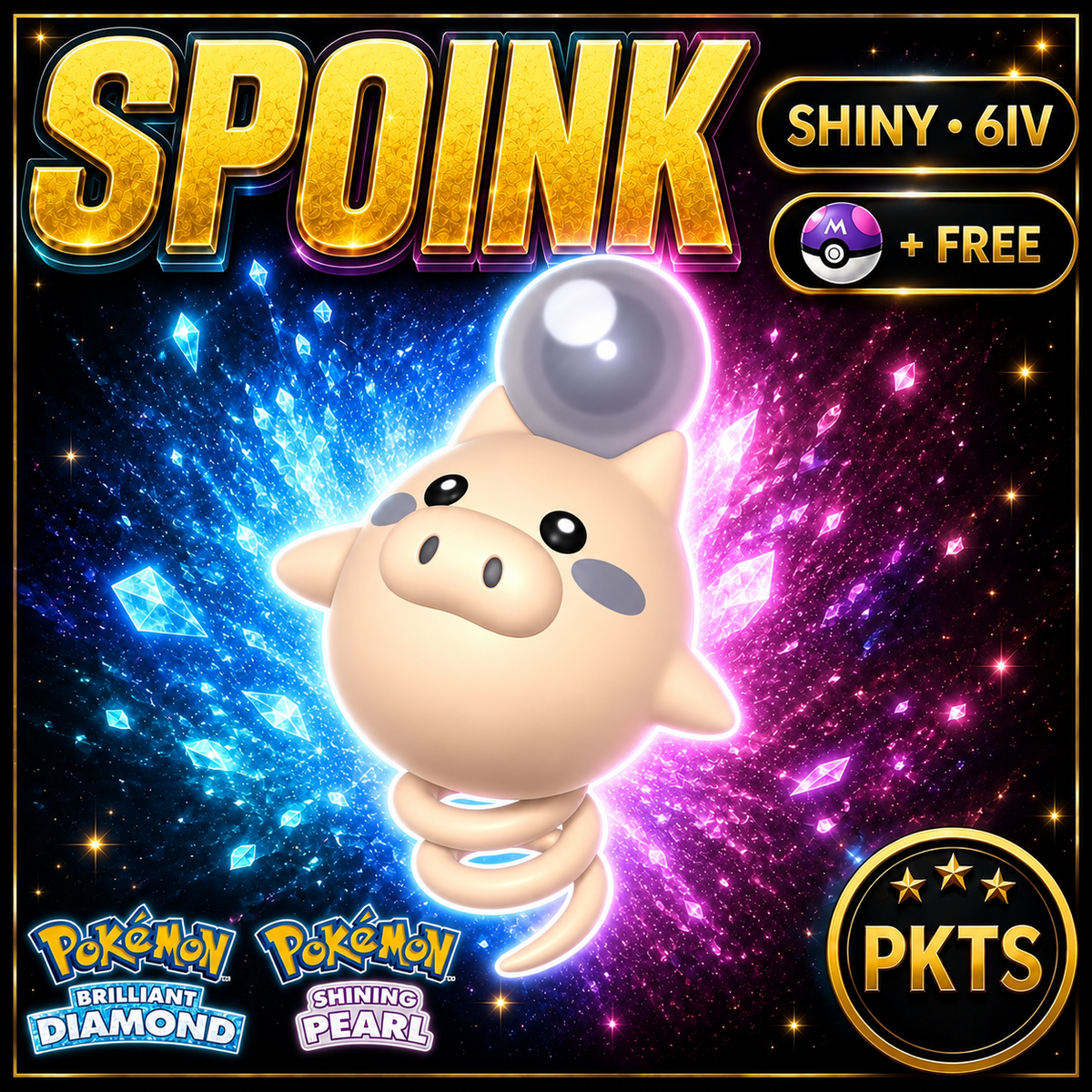 Shiny Spoink for Pokémon Brilliant Diamond & Shining Pearl (BDSP), 6IV, PKTS.