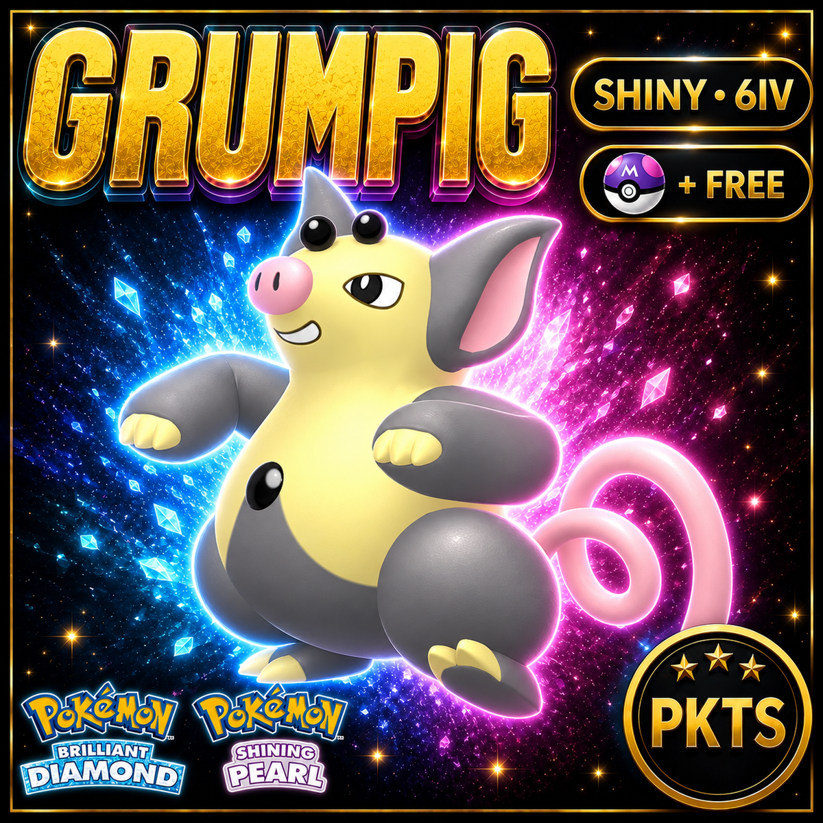 Shiny Grumpig for Pokémon Brilliant Diamond & Shining Pearl (BDSP), 6IV, PKTS.