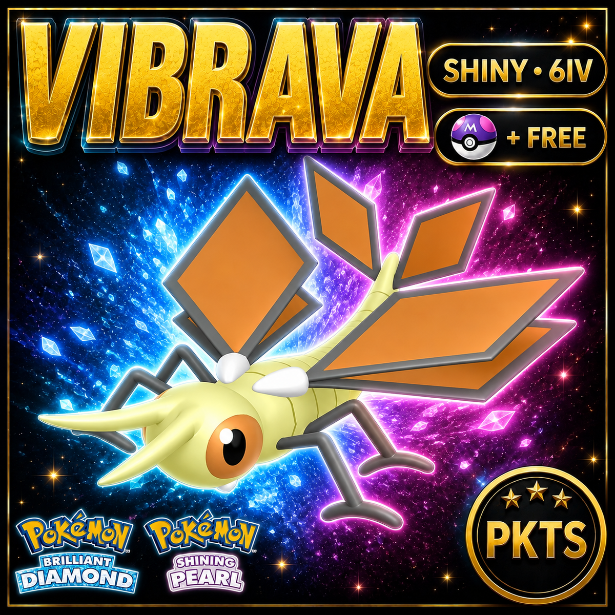 Shiny Vibrava for Pokémon Brilliant Diamond & Shining Pearl (BDSP), 6IV, PKTS.