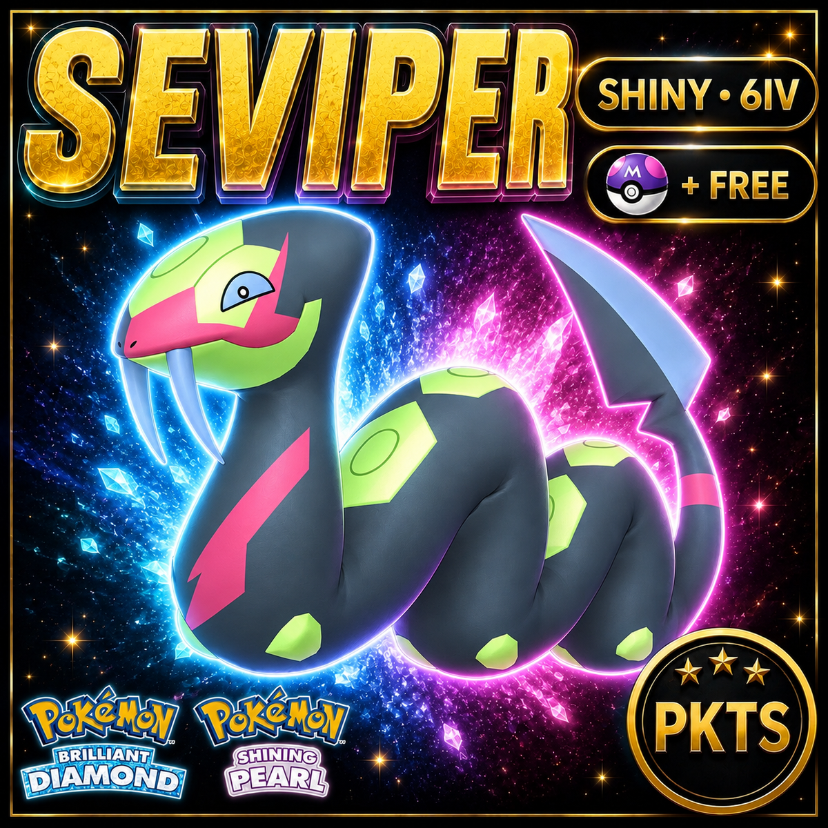 Shiny Seviper for Pokémon Brilliant Diamond & Shining Pearl (BDSP), 6IV, PKTS.