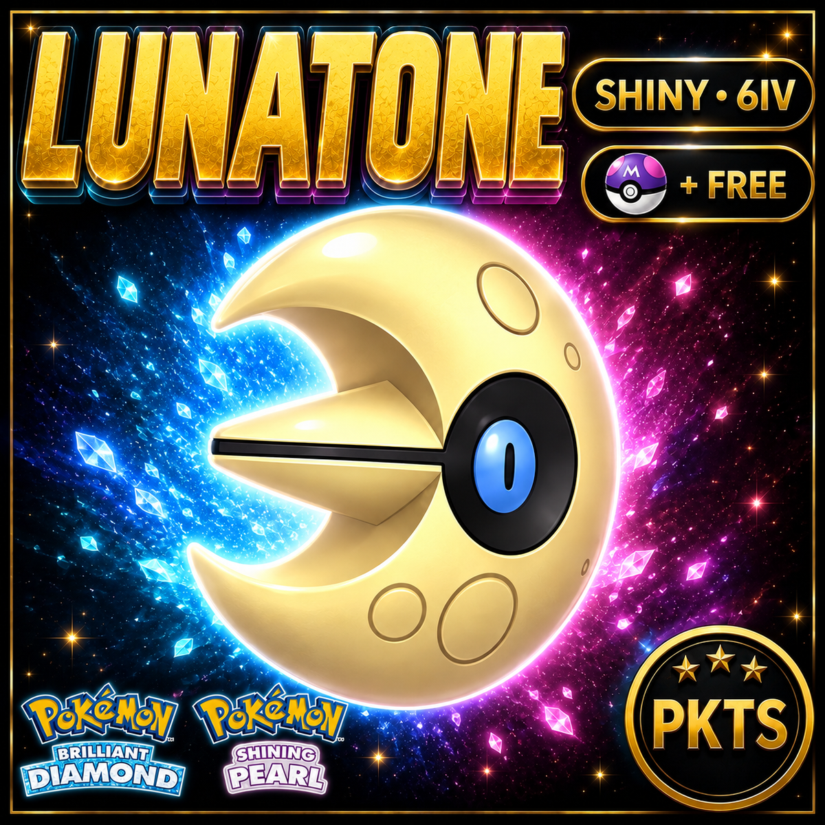 Shiny Lunatone for Pokémon Brilliant Diamond & Shining Pearl (BDSP), 6IV, PKTS.