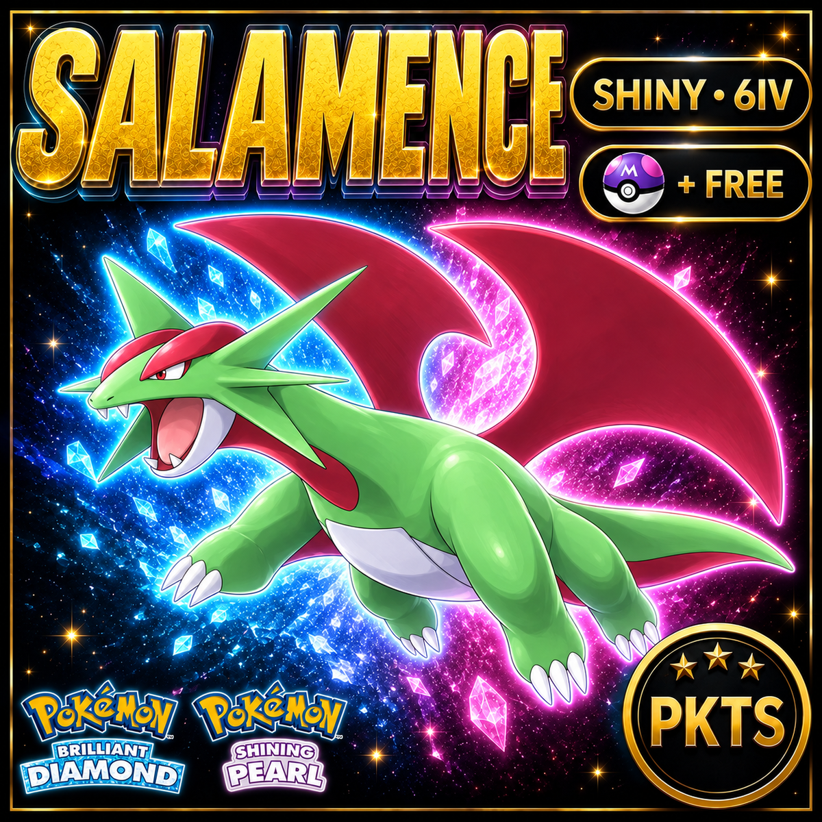 Shiny Salamence for Pokémon Brilliant Diamond & Shining Pearl (BDSP), 6IV, PKTS.