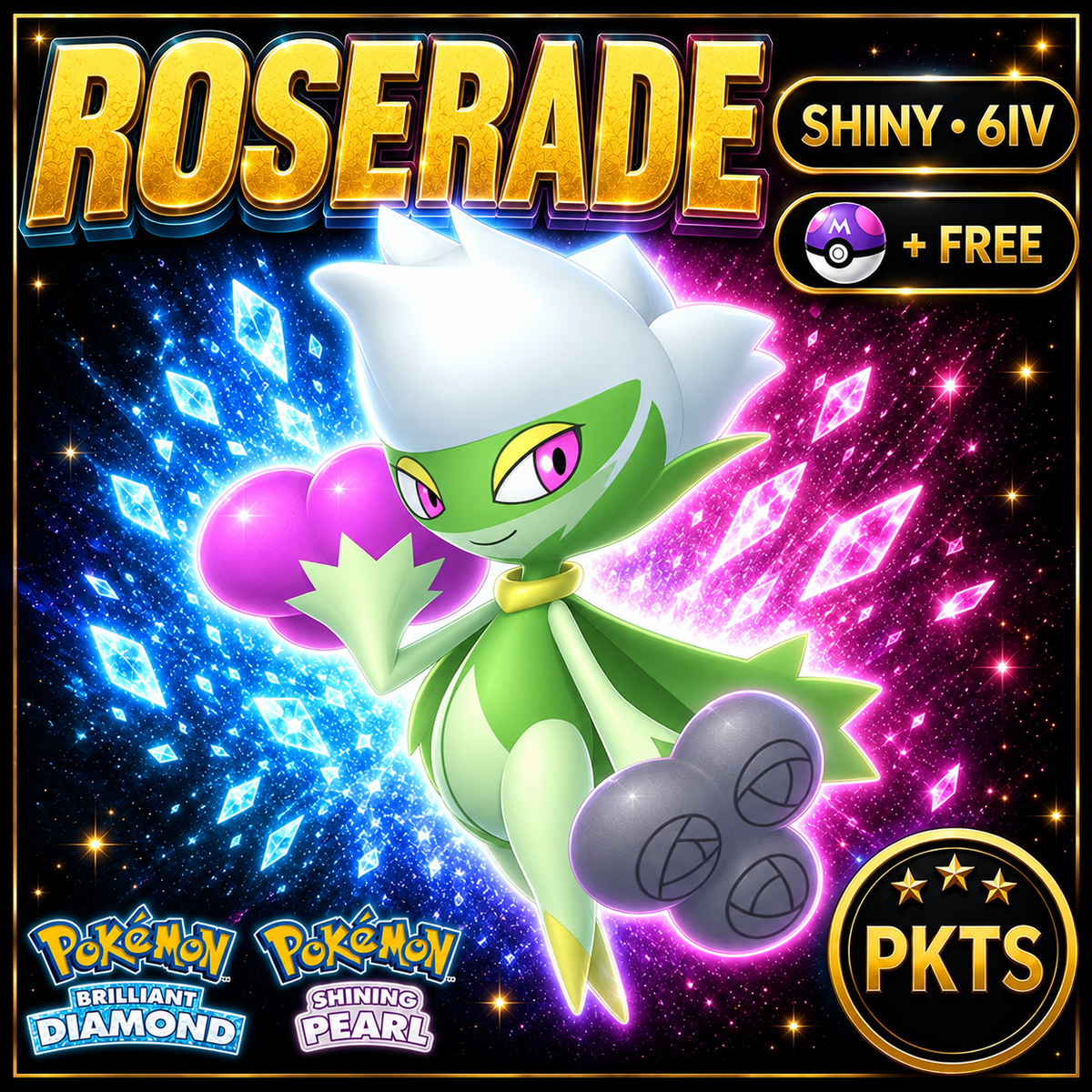 Shiny Roserade for Pokémon Brilliant Diamond & Shining Pearl (BDSP), 6IV, PKTS.