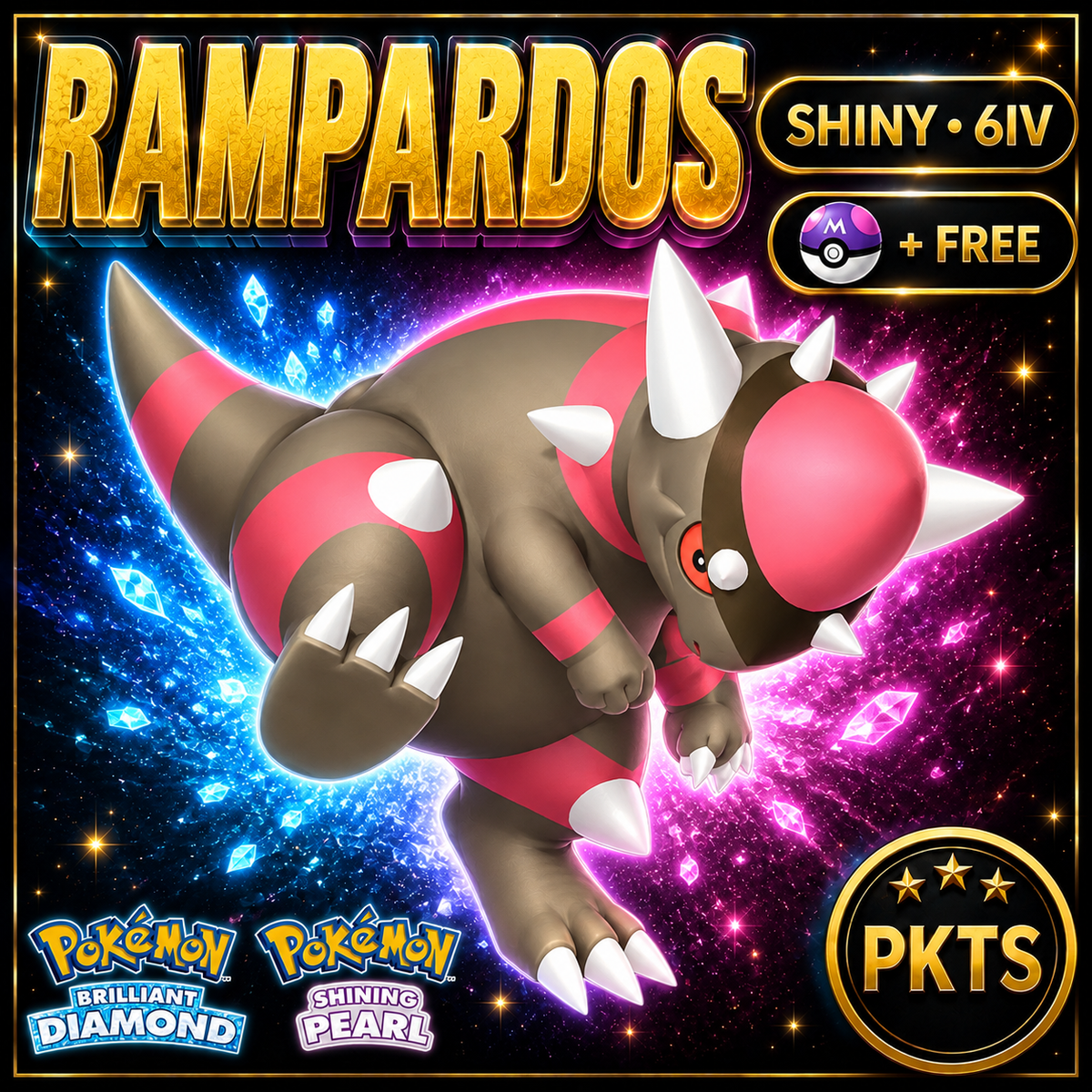 Shiny Rampardos for Pokémon Brilliant Diamond & Shining Pearl (BDSP), 6IV, PKTS.