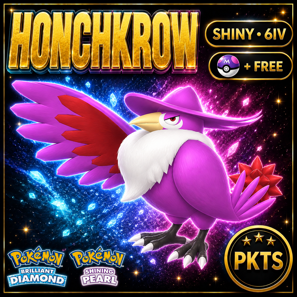 Shiny Honchkrow for Pokémon Brilliant Diamond & Shining Pearl (BDSP), 6IV, PKTS.