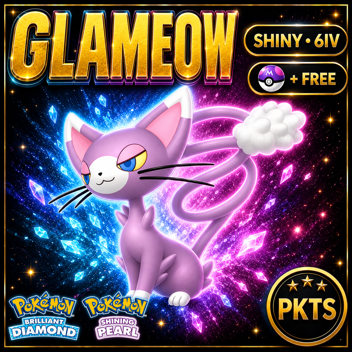Shiny Glameow for Pokémon Brilliant Diamond & Shining Pearl (BDSP), 6IV, PKTS.