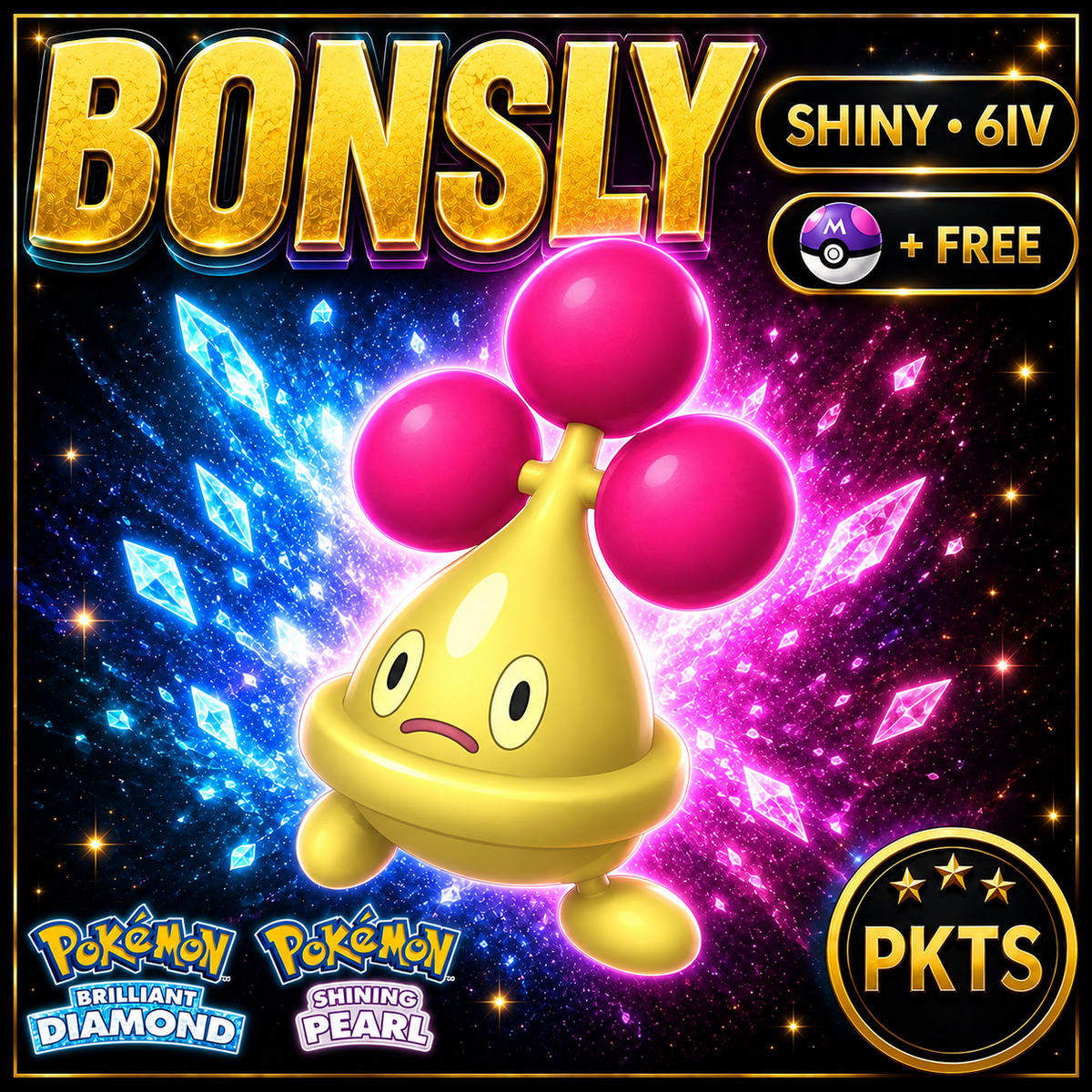 Shiny Bonsly for Pokémon Brilliant Diamond & Shining Pearl (BDSP), 6IV, PKTS.