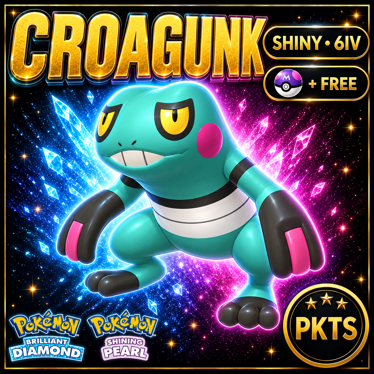 Shiny Croagunk for Pokémon Brilliant Diamond & Shining Pearl (BDSP), 6IV, PKTS.