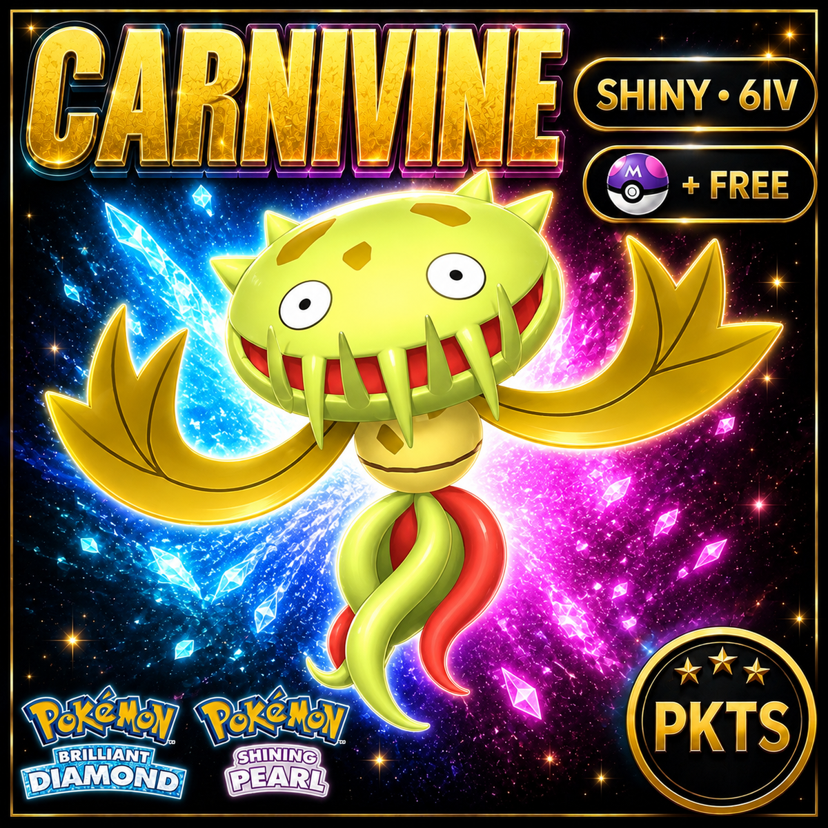 Shiny Carnivine for Pokémon Brilliant Diamond & Shining Pearl (BDSP), 6IV, PKTS.